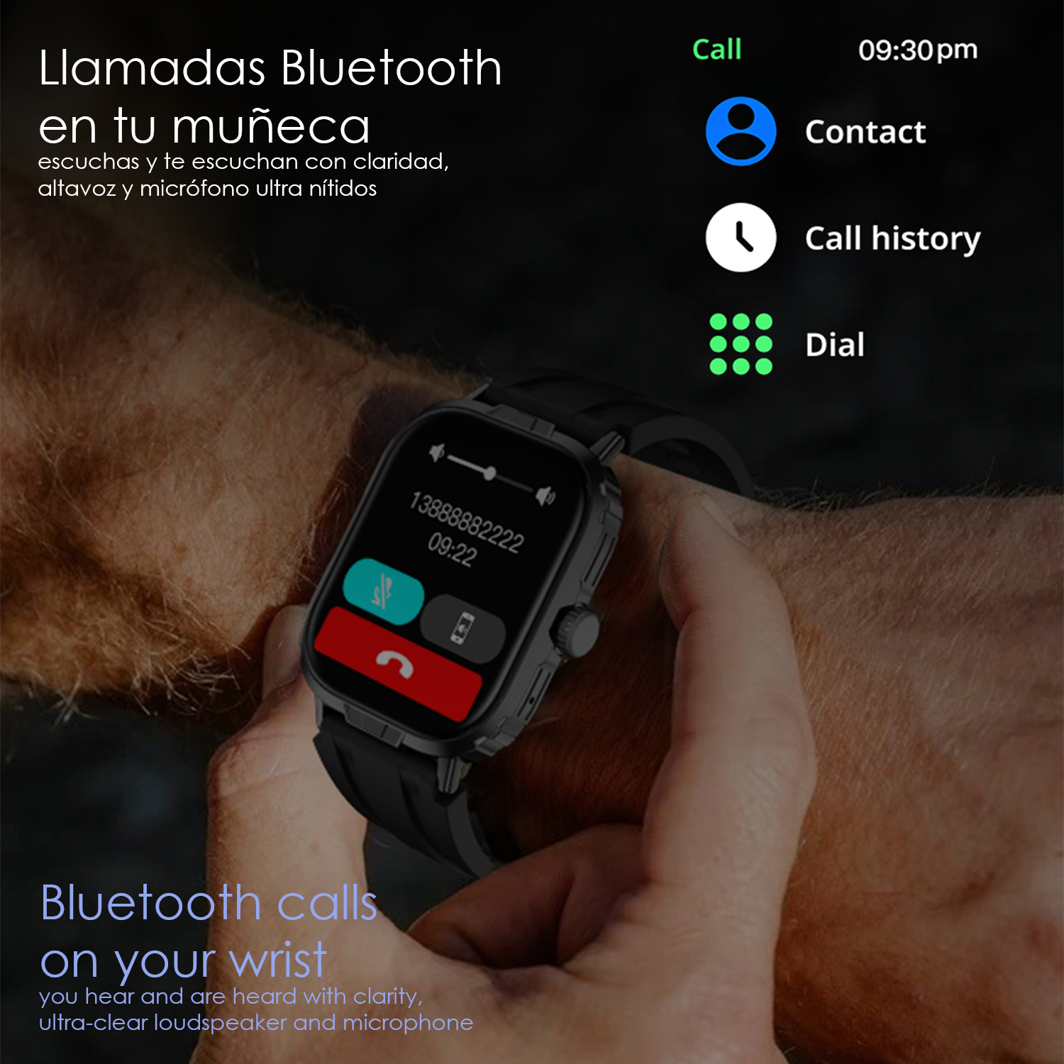 Una mano indossa uno smartwatch con schermo chiamata in arrivo. Opzioni: Contatto, Cronologia, Componi.