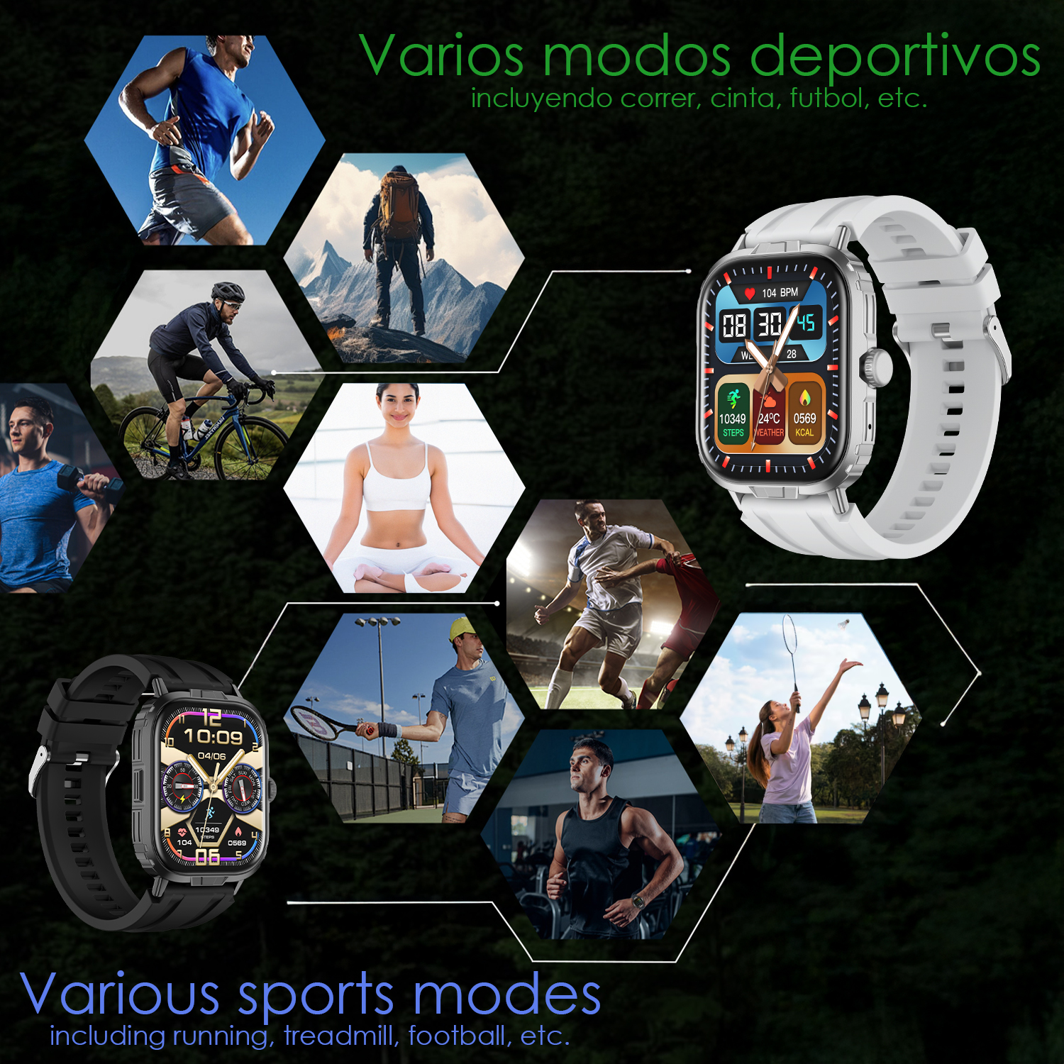 Smartwatch che mostra varie immagini sportive e interfacce di modalità sportive.