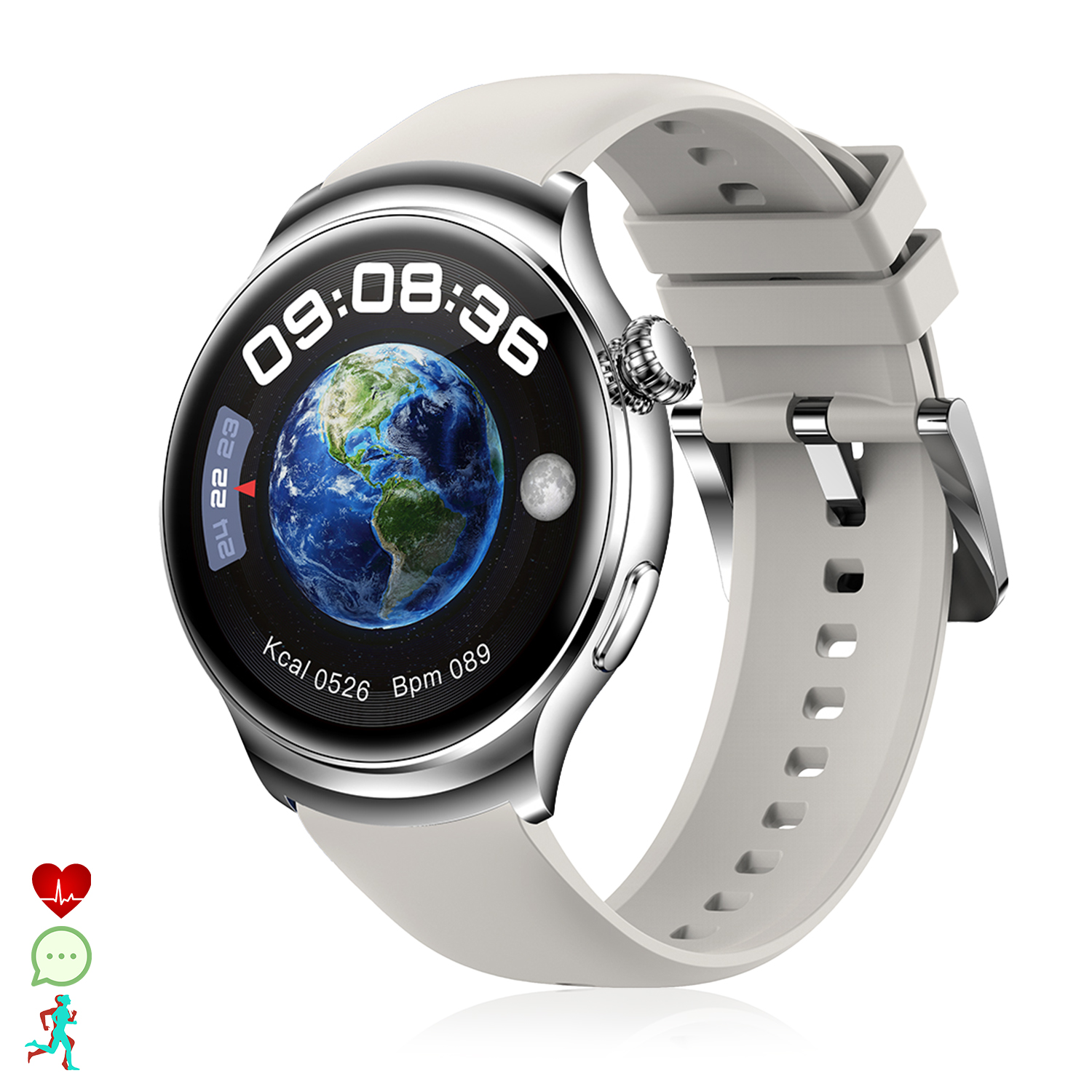Smartwatch argento con cinturino bianco, mostra la Terra sullo schermo. Indica ora, kcal, BPM.