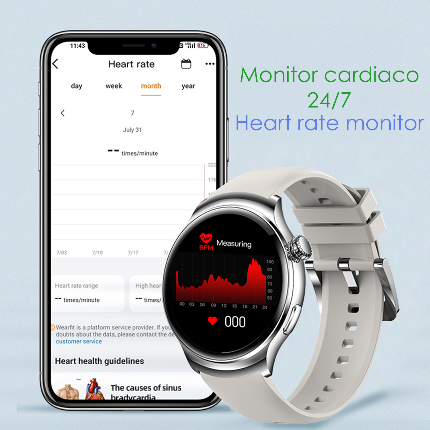Uno smartwatch mostra la frequenza cardiaca sul suo schermo e un'app per smartphone.