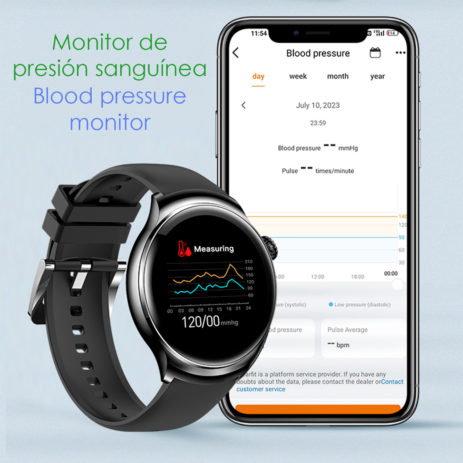 Un display di smartwatch nero mostra dati sulla pressione sanguigna accanto a uno smartphone.
