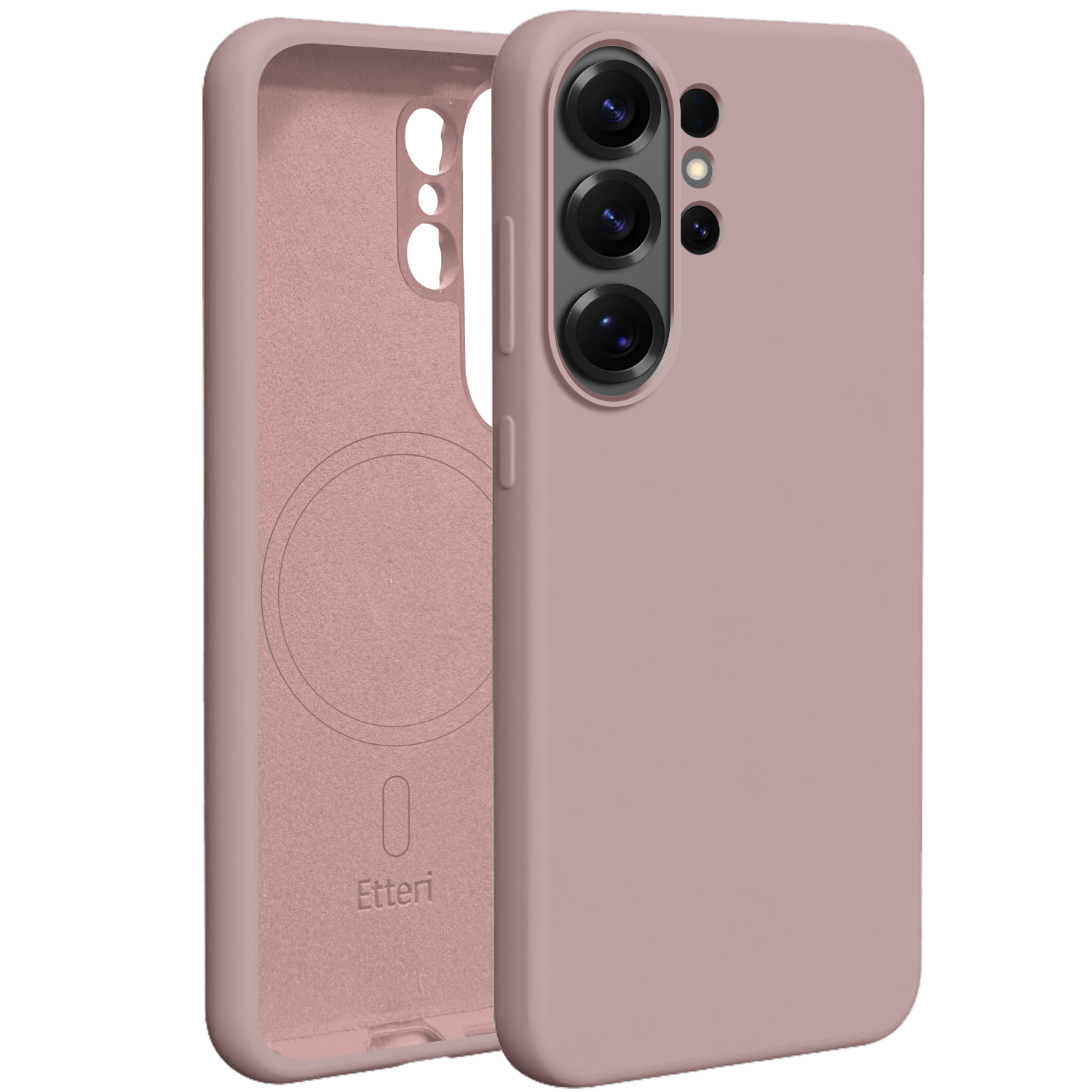 Una cover per telefono rosa polvere con modulo fotocamera e anello MagSafe.