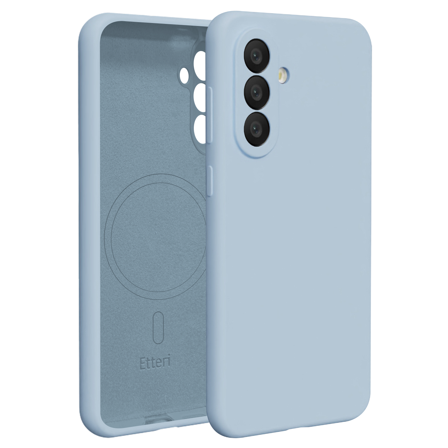 Jasnoniebieskie etui na telefon, wnętrze z wycięciami na aparat i logo.