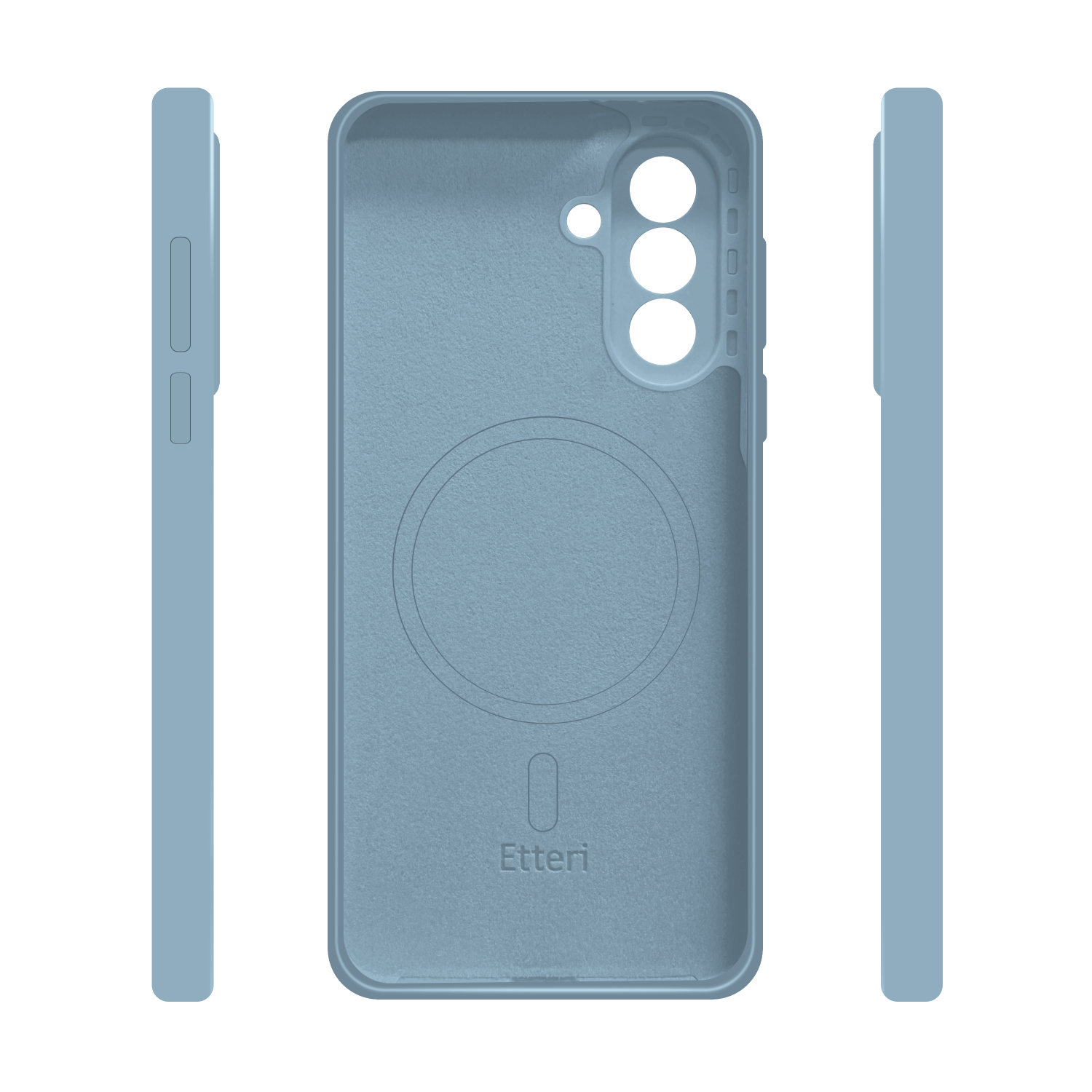 Niebieskie etui na telefon z wycięciem na aparat i pierścieniem magnetycznym. Widok z boku.