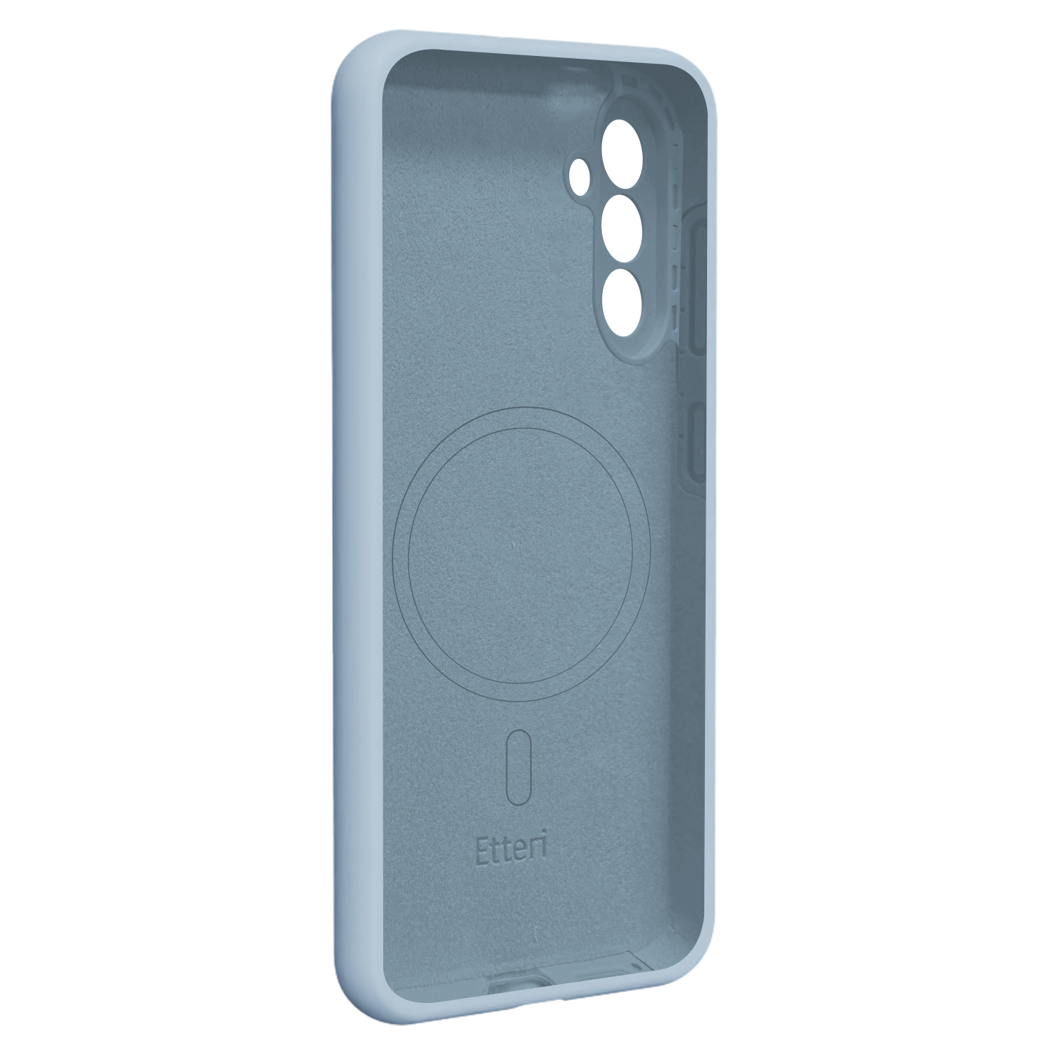 Niebieskie etui na telefon z wycięciami na aparat i port ładowania.