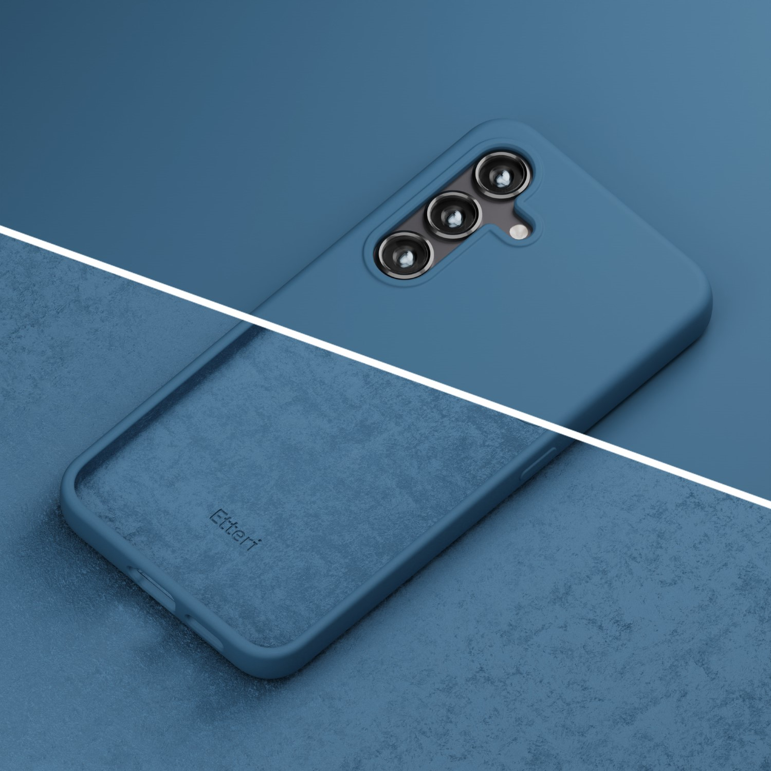 Una cover per telefono blu con tre obiettivi della fotocamera e il nome del marchio Etteri.