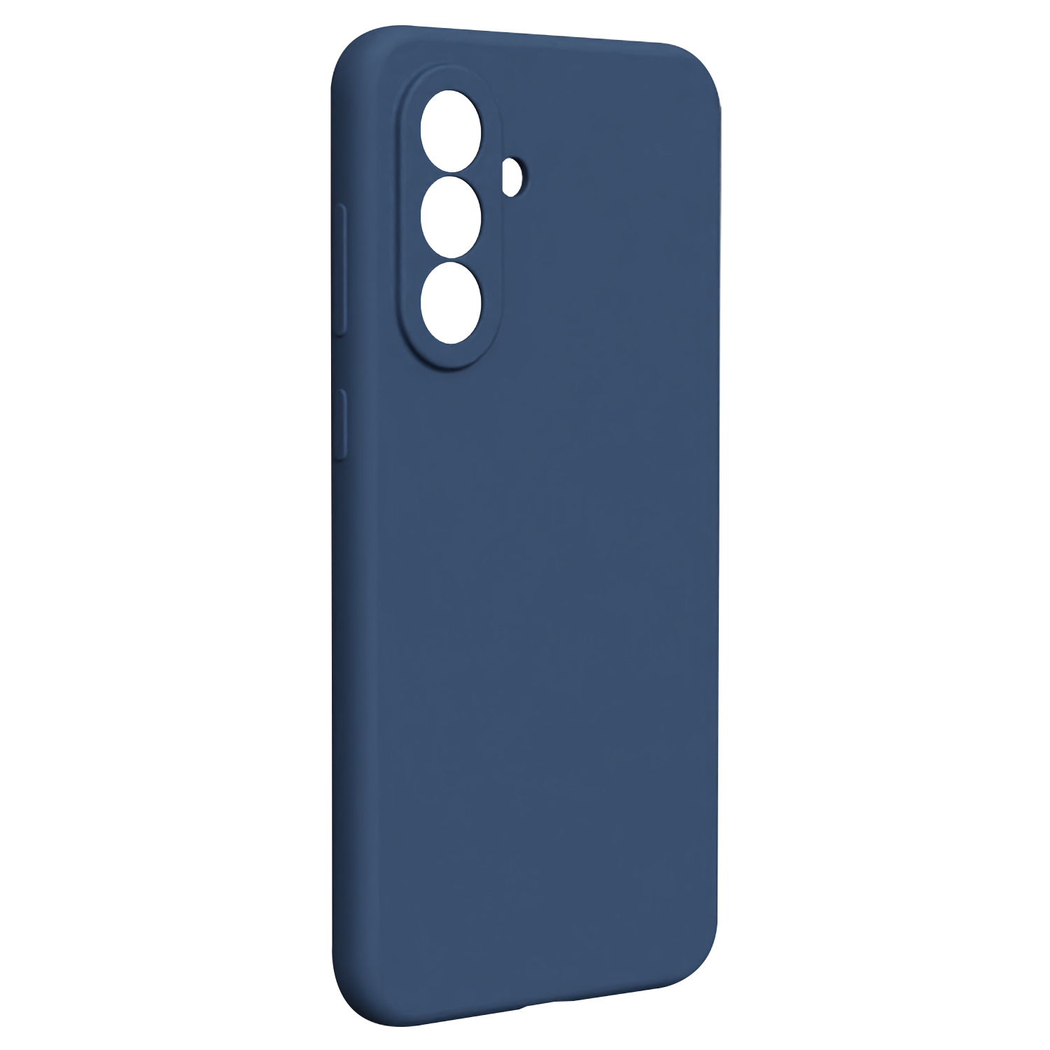 Custodia blu scuro per telefono con tre ritagli rotondi per fotocamera.