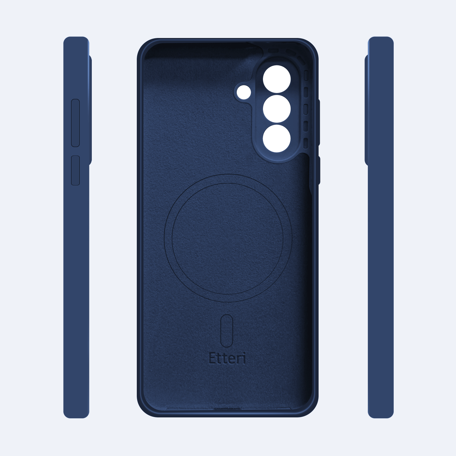 Custodia blu scuro per telefono, vista frontale e laterale con ritaglio fotocamera.