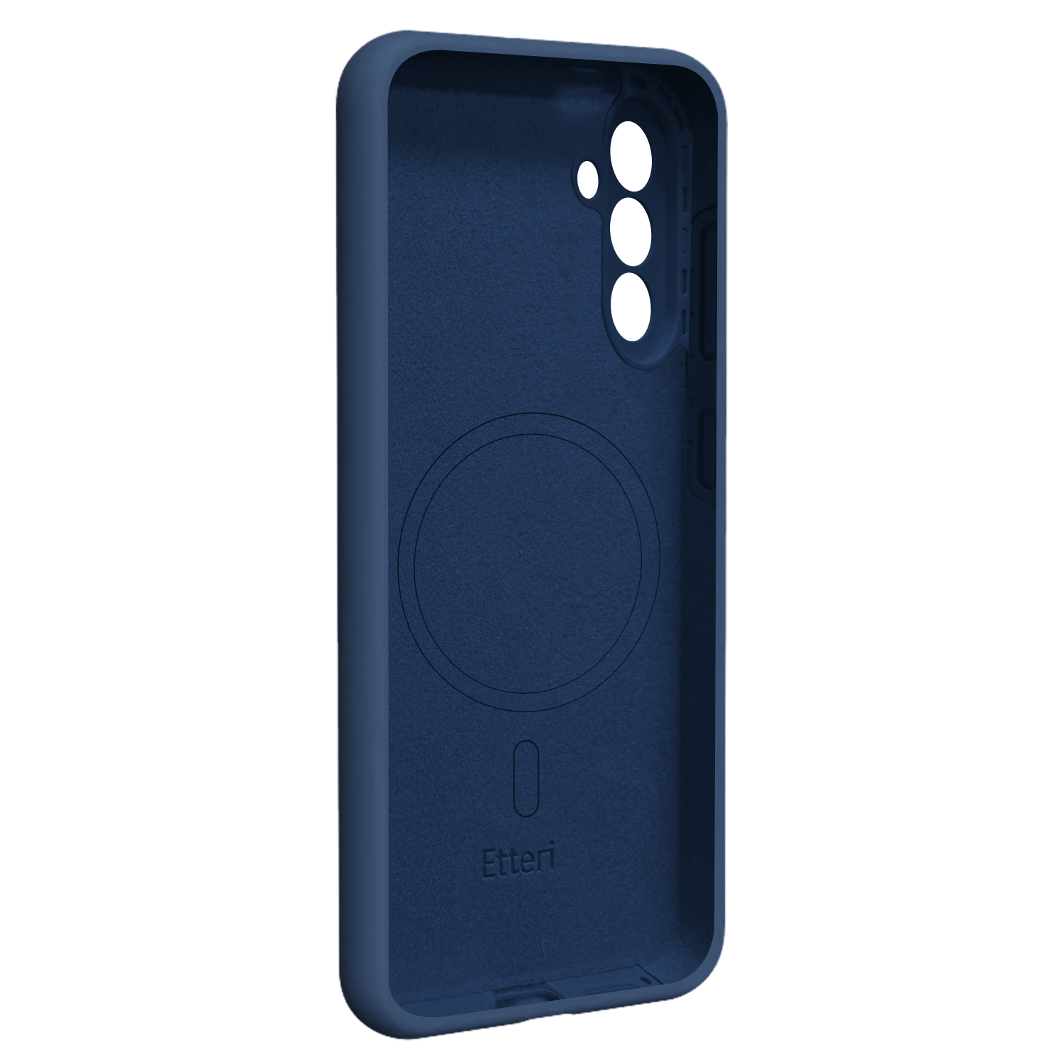 Interno custodia telefono blu scuro, con ritagli fotocamera e logo marca.