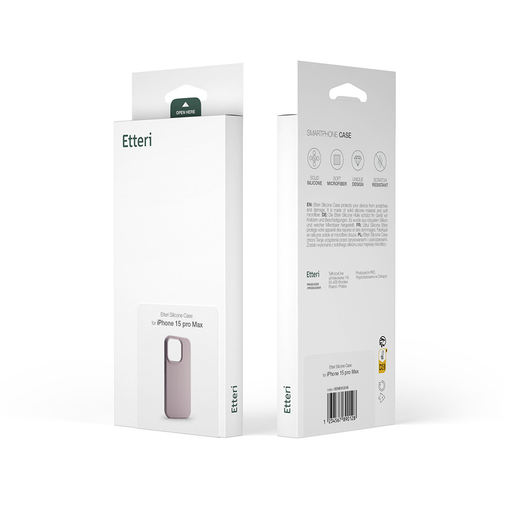 Confezione di cover per smartphone, fronte con immagine prodotto, retro con testo.