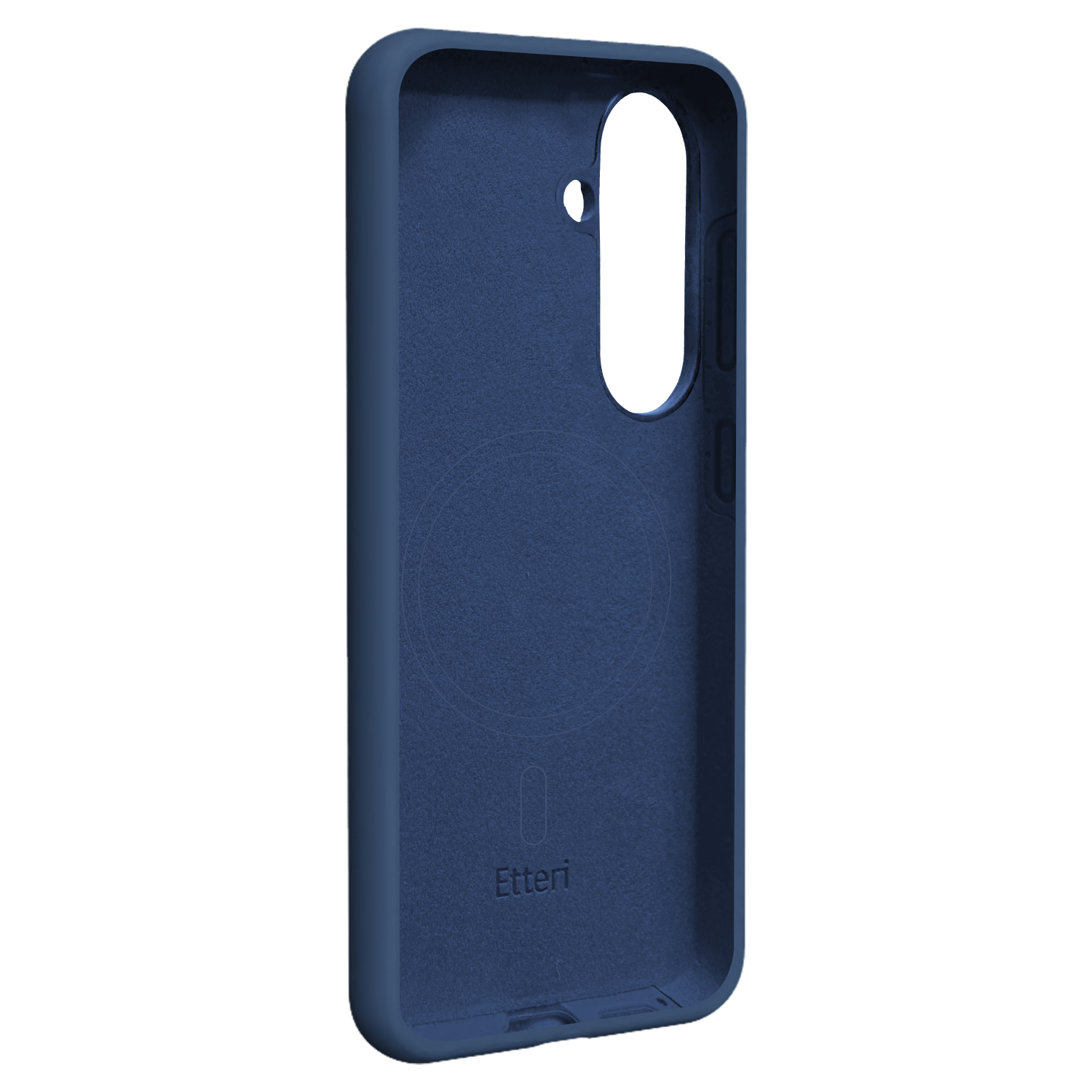 Custodia blu scuro per telefono con ritaglio fotocamera e logo Etteri.