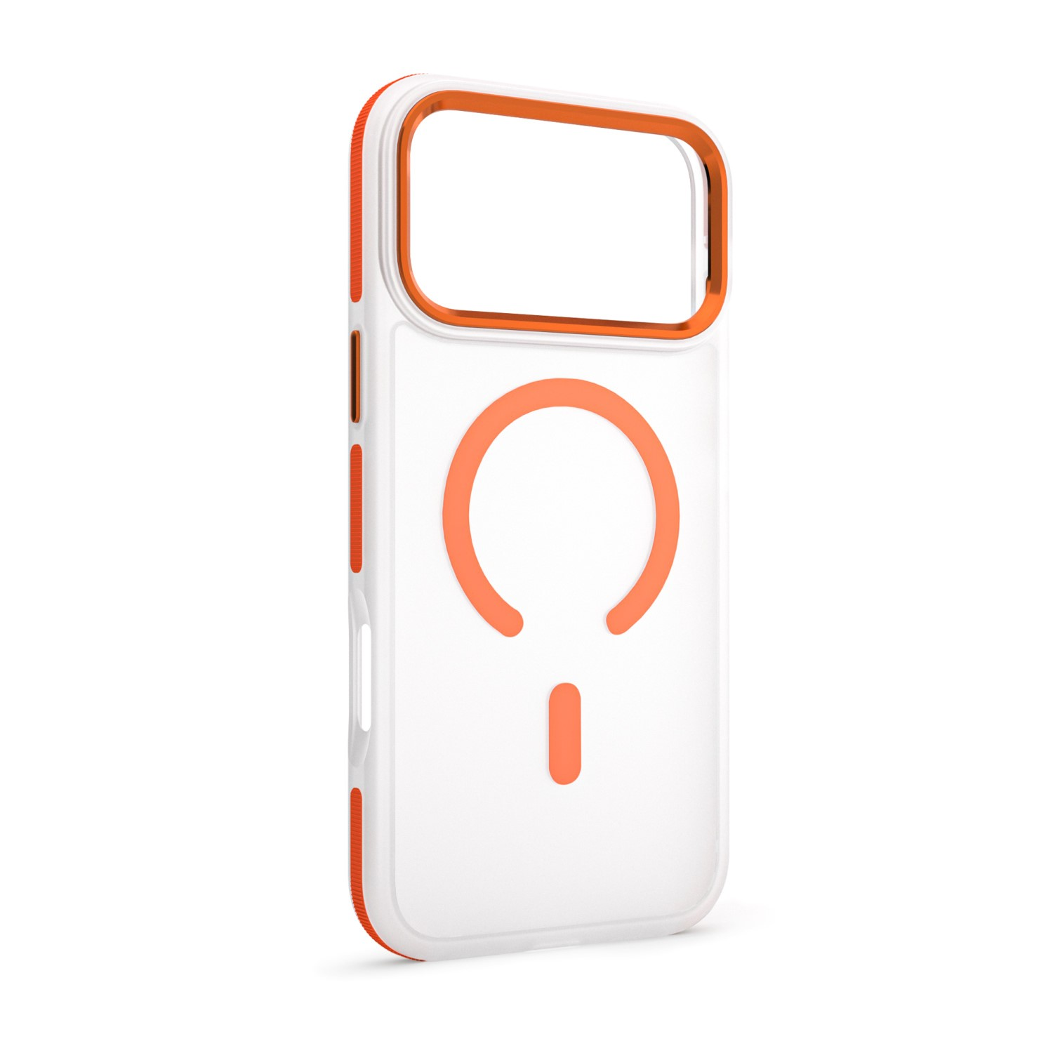 Przezroczyste etui na telefon z pomarańczowym wykończeniem i magnesem.