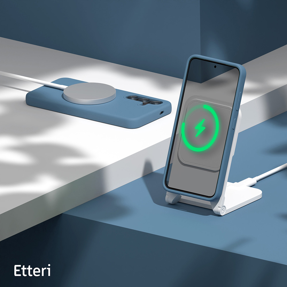 Un telefono blu con indicatore di carica su un supporto di ricarica bianco. Accanto, un telefono con pad di ricarica.