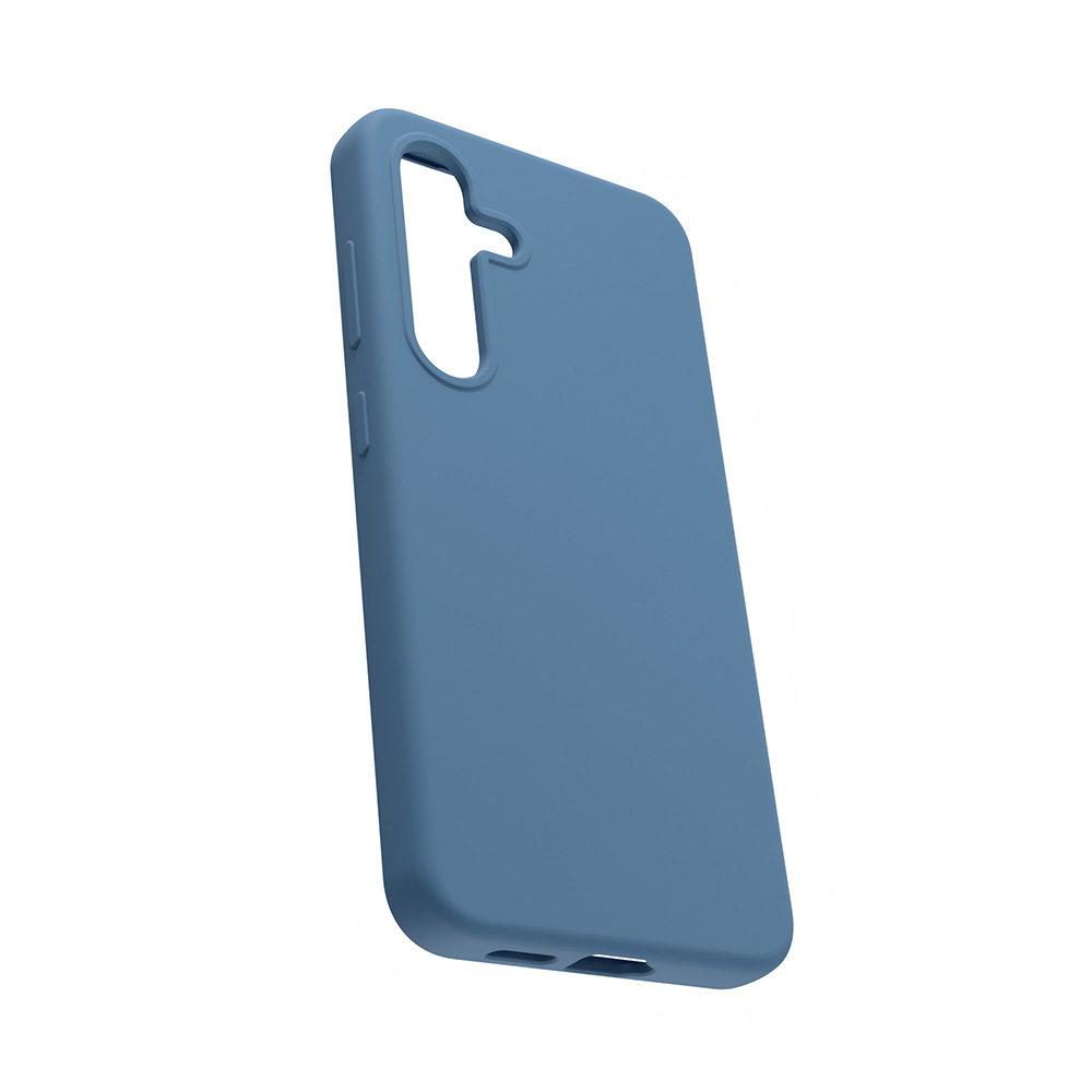 Custodia blu in silicone per telefono con ritagli per fotocamera e porte.