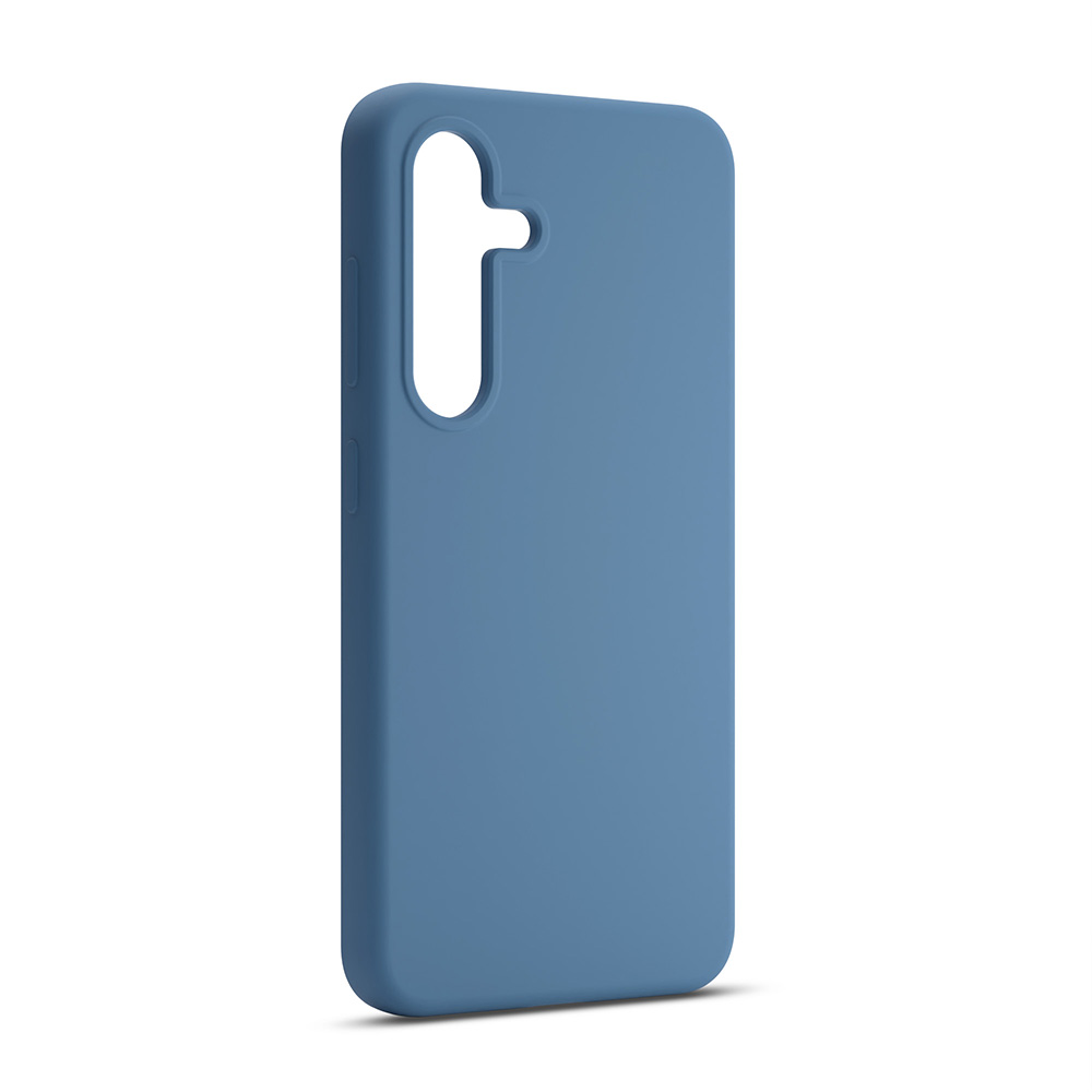 Custodia blu per telefono con ritaglio fotocamera su sfondo bianco.