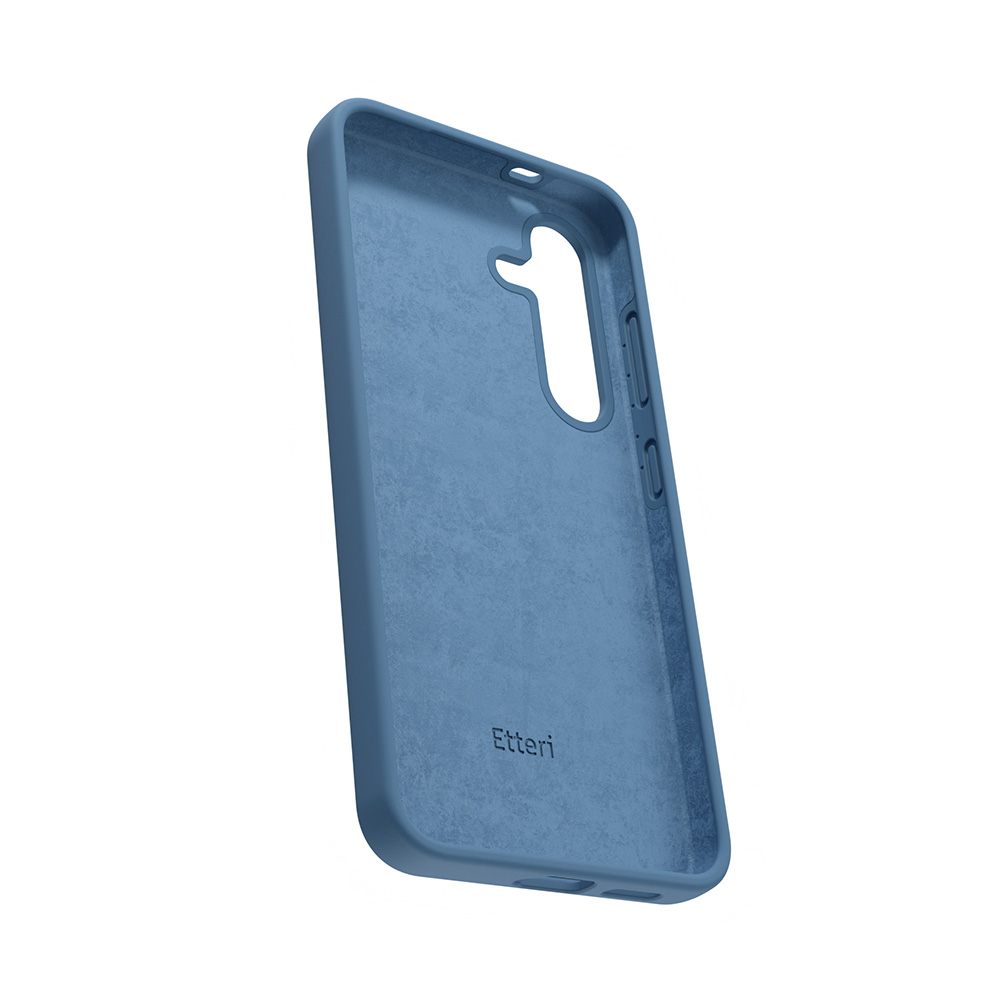 Custodia blu per telefono con ritagli per fotocamera e pulsanti.