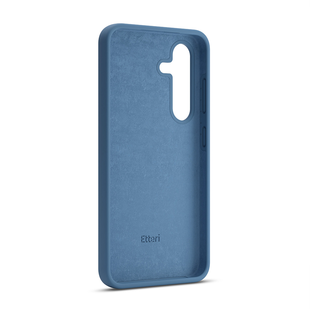 Custodia blu per telefono con ritaglio fotocamera e marchio.