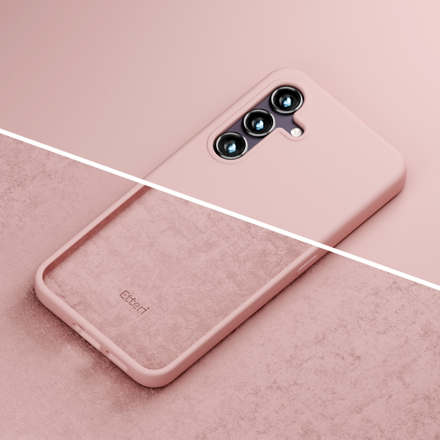 Una custodia rosa per telefono con tre fotocamere poggia su uno sfondo diviso.