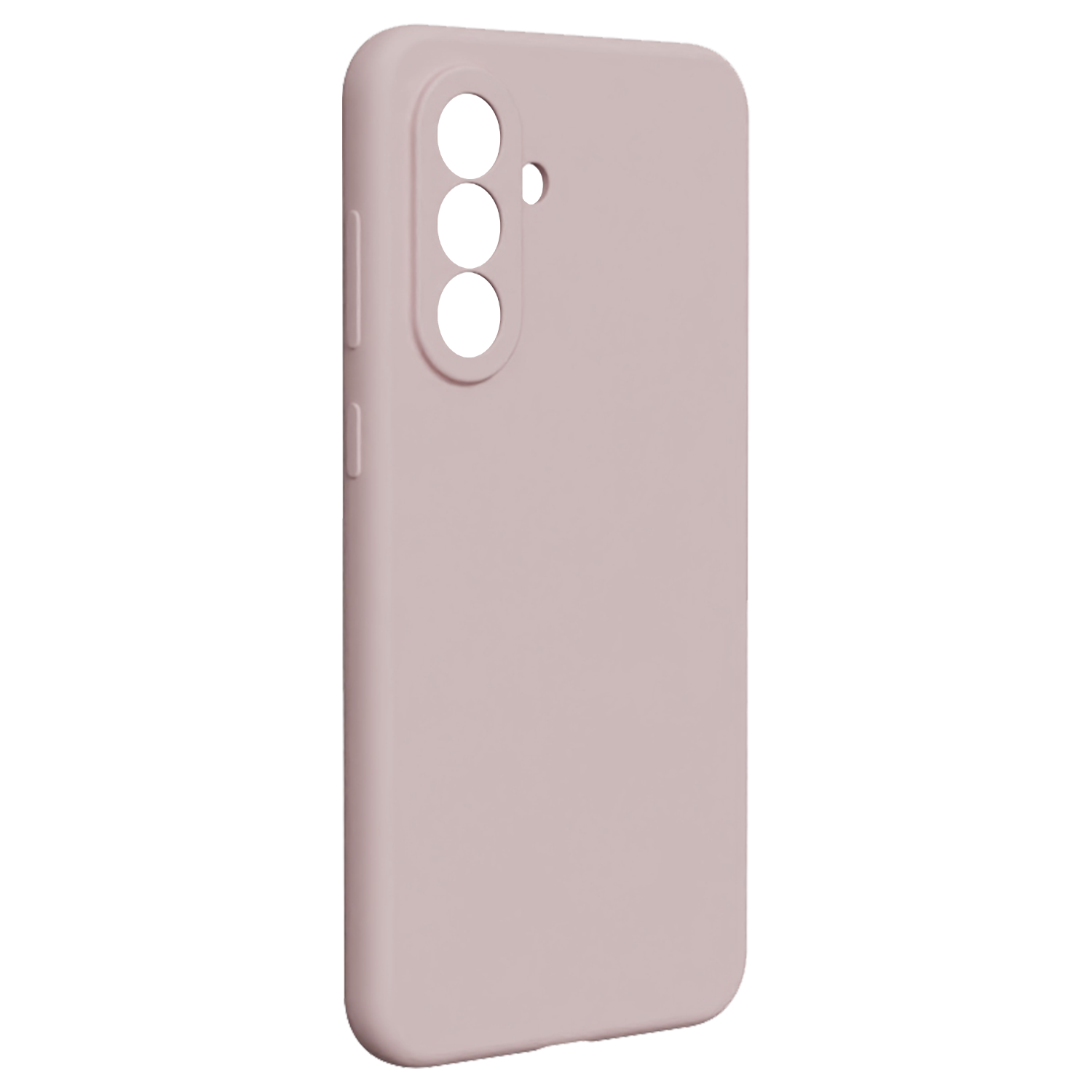 Una cover per telefono rosa con tre fori per fotocamera e pulsanti laterali.