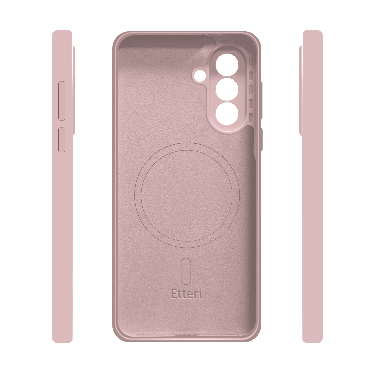 Una custodia rosa per telefono con ritaglio fotocamera e anello magnetico.