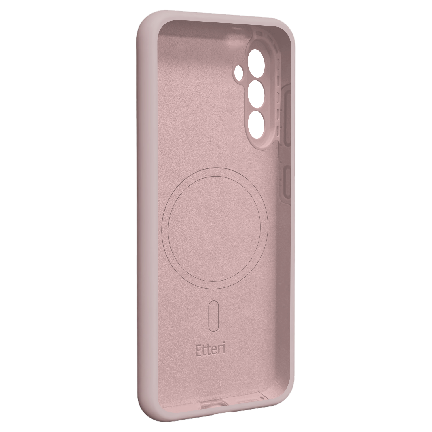 Una cover rosa per telefono con ritagli per fotocamera e pulsanti.