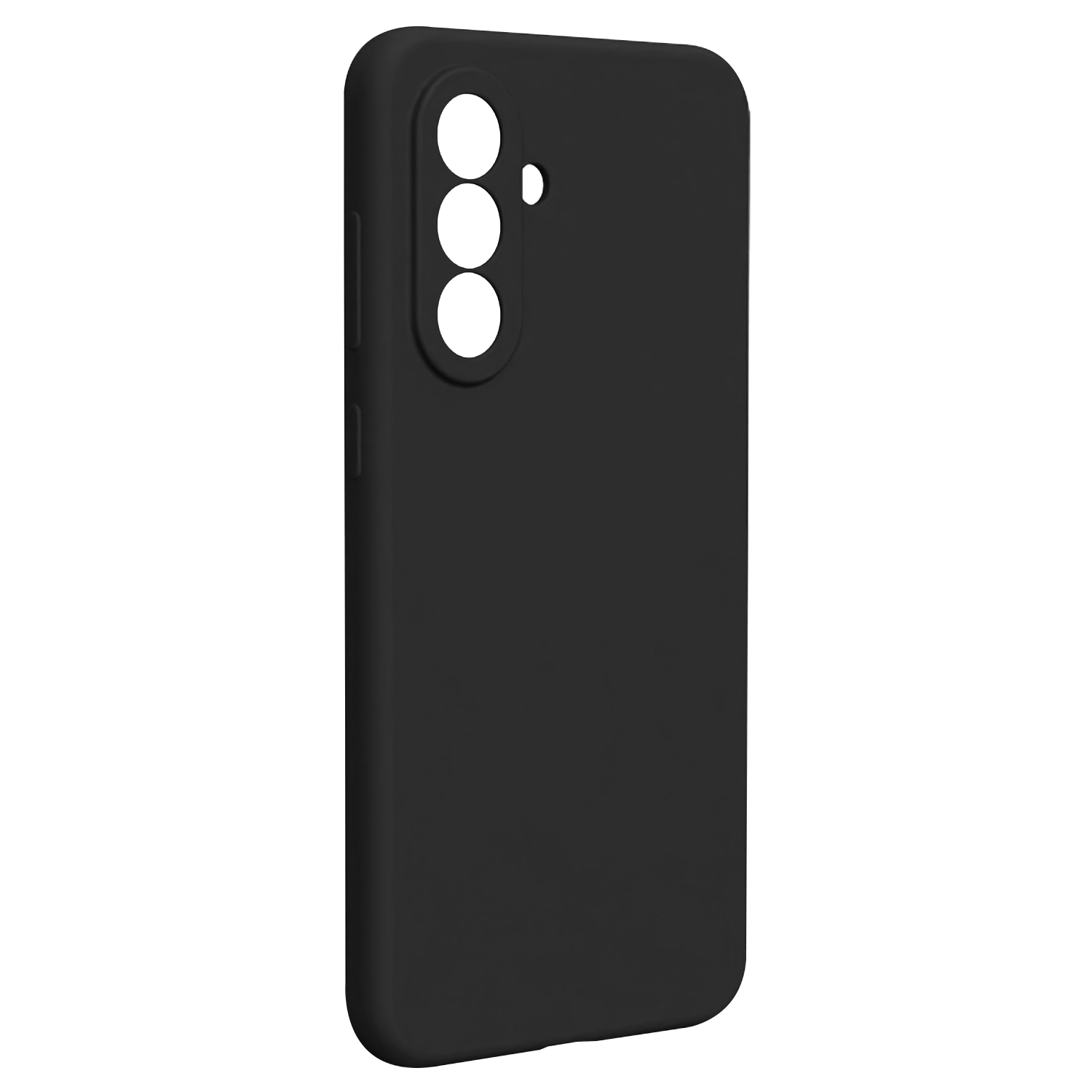 Custodia nera per telefono con tre ritagli per fotocamera e uno per flash.