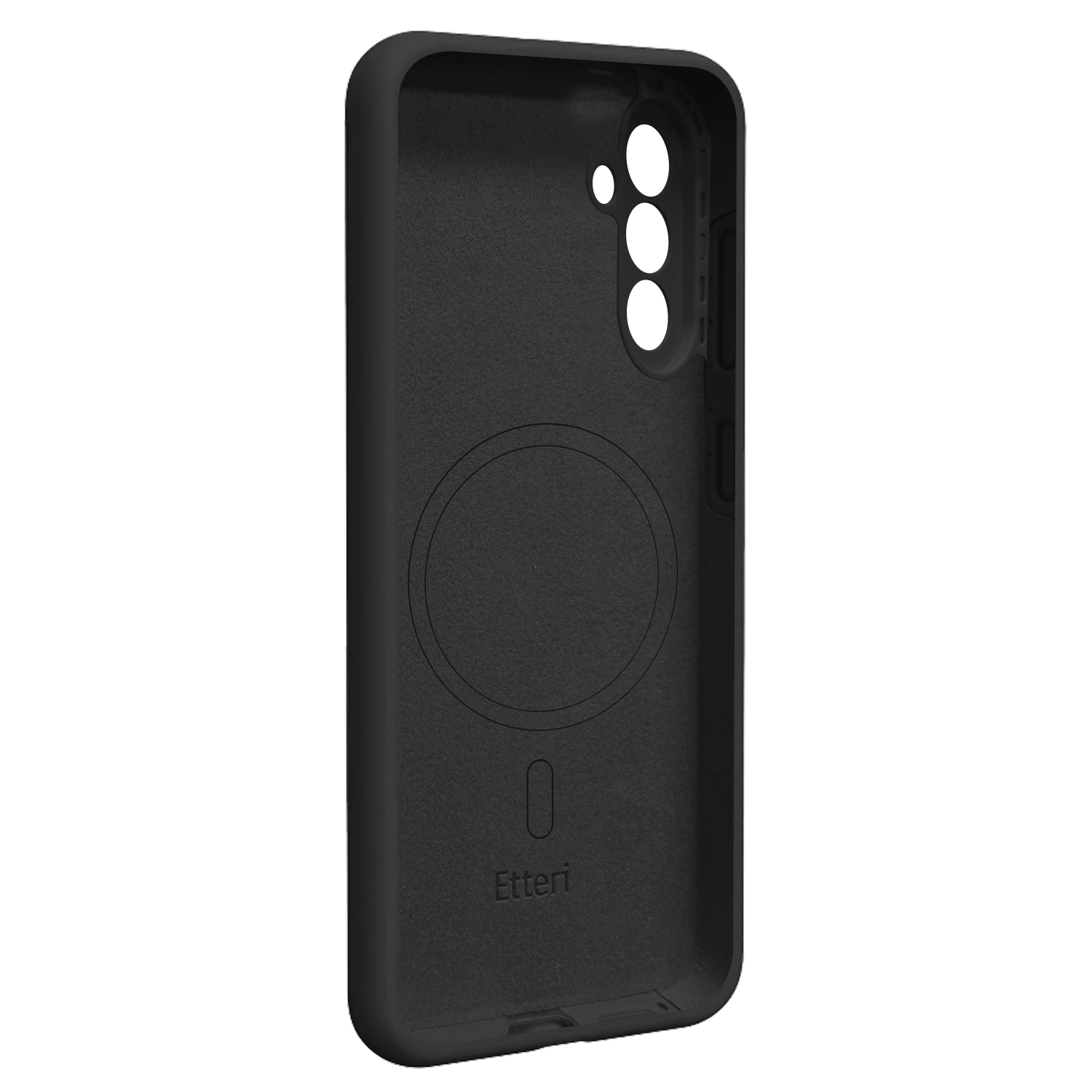 Custodia nera per telefono con ritagli per fotocamere e logo Etten.