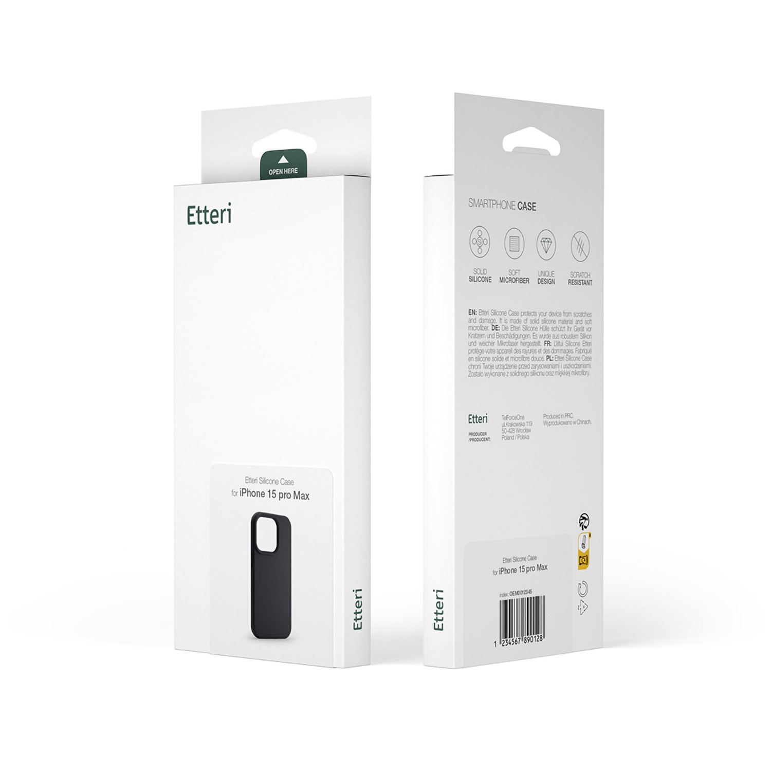 Confezione per custodia in silicone Etteri iPhone 15 Pro Max con immagine prodotto.