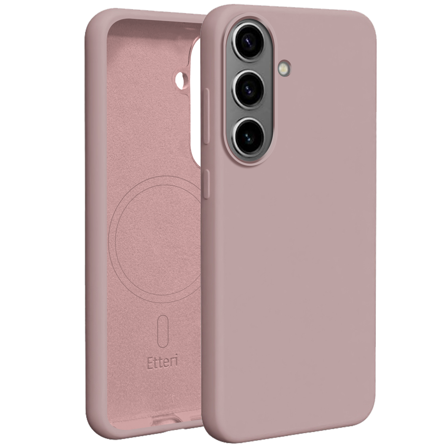 Una custodia per telefono rosa aperta che rivela il retro di un telefono e le fotocamere.