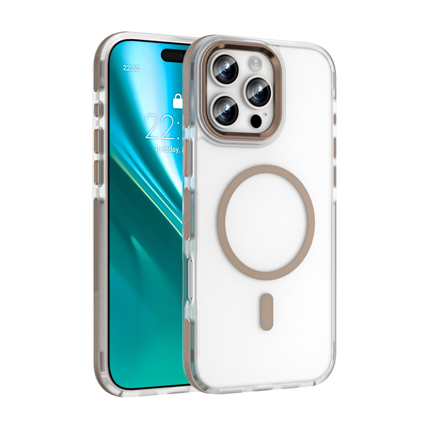 Przezroczyste etui na telefon z brązową ramką, chroniące smartfon.