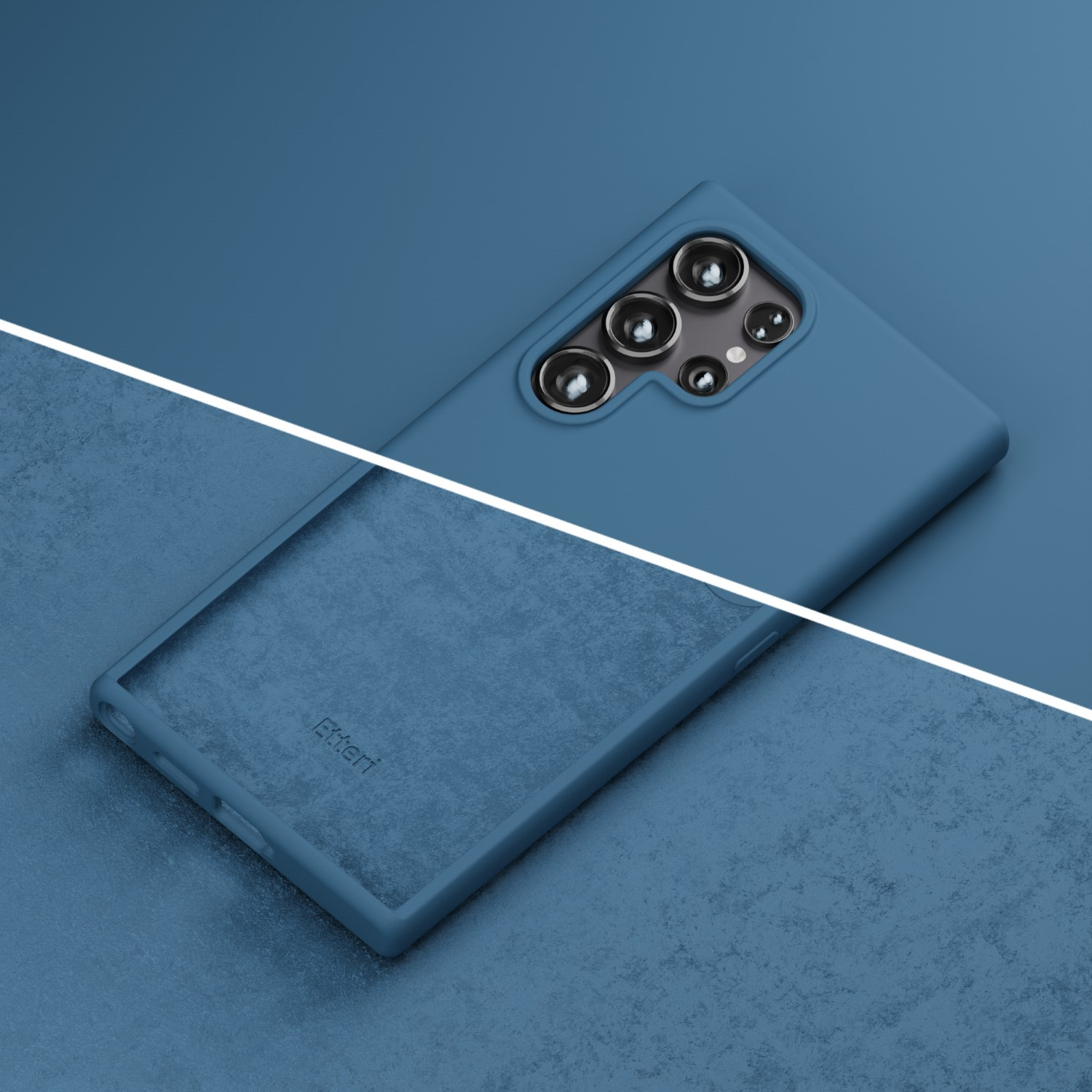 Custodia blu per telefono con modulo fotocamera e logo "Etteri" su superficie testurizzata.