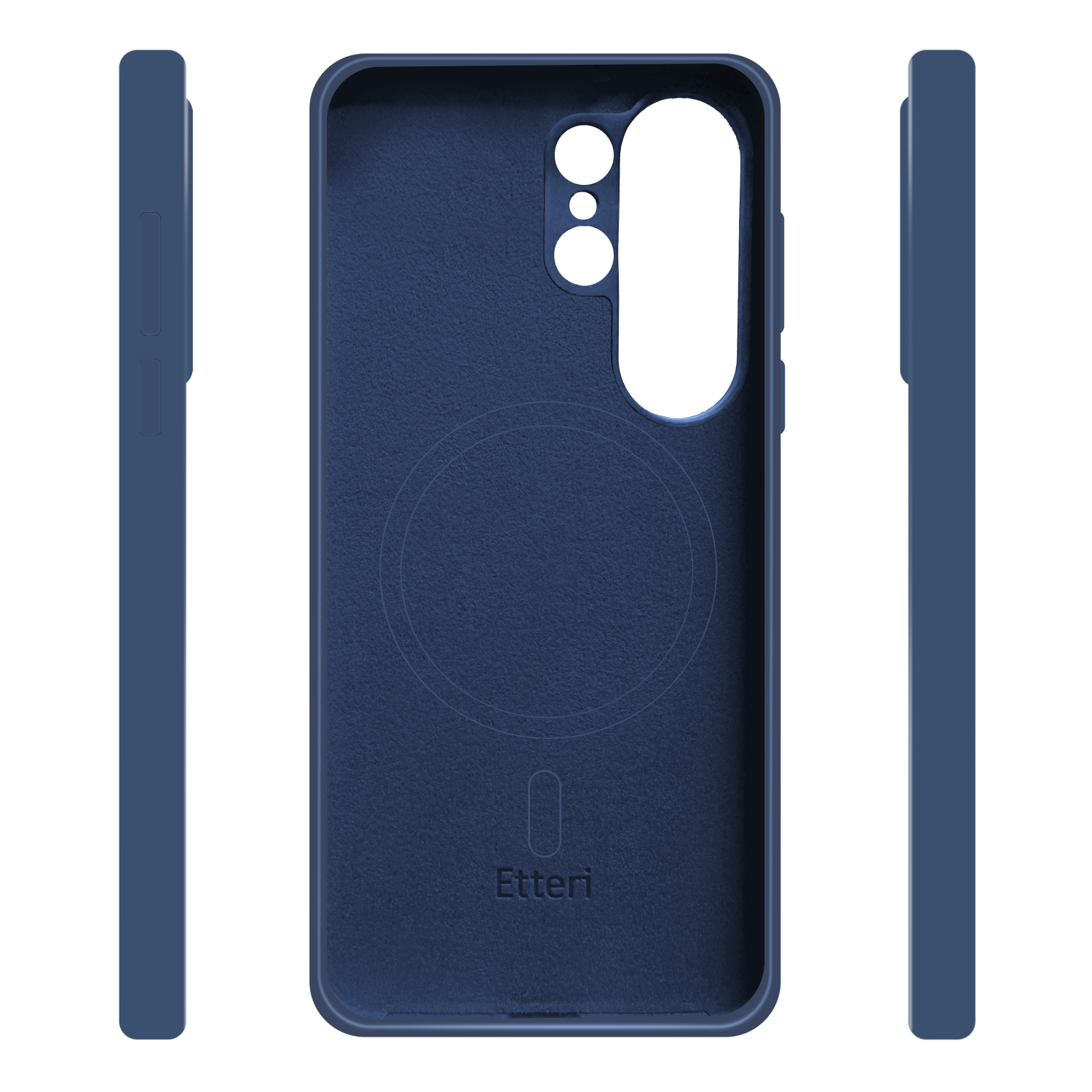 Custodia blu scuro per telefono con ritagli per fotocamera e pulsanti. Vista di lato.