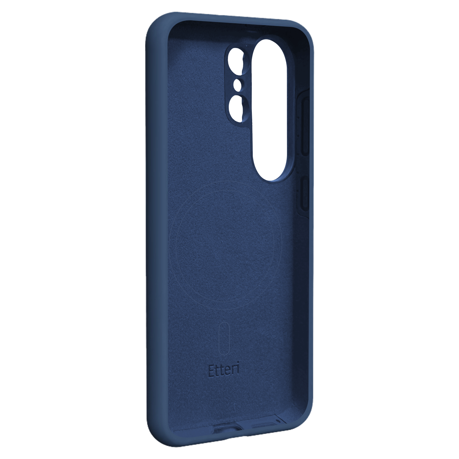 Custodia blu scuro per telefono con ritagli per fotocamera e pulsanti.
