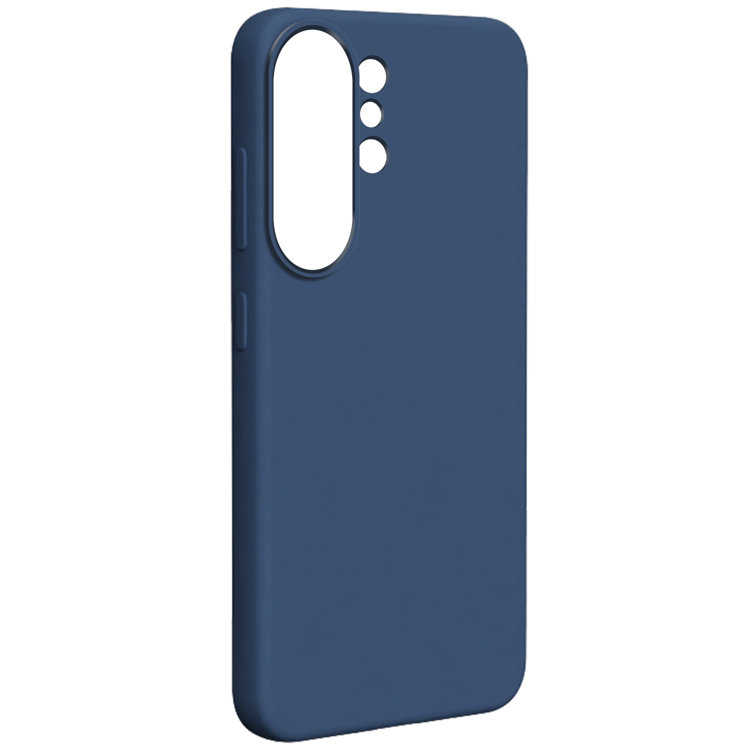 Custodia blu scuro per telefono con ritagli per fotocamera e pulsanti.