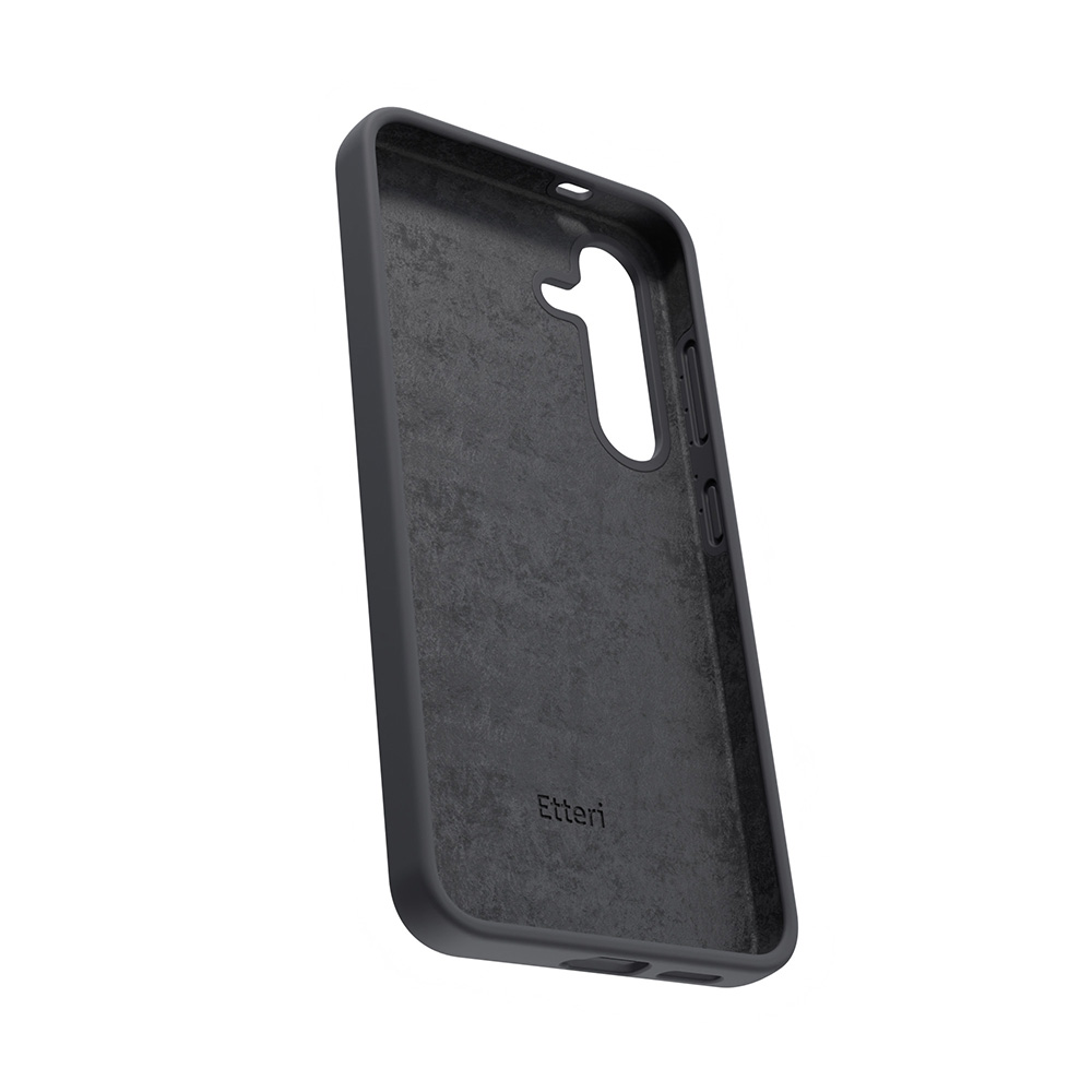 Ciemnoszara wewnętrzna strona etui na telefon z logo, białe tło.