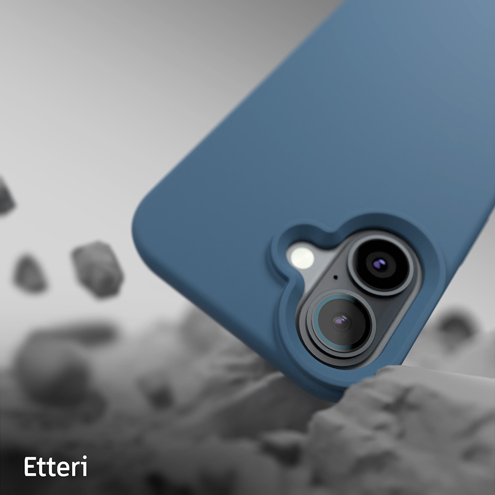 Cover blu per telefono con protezione fotocamera cade su rocce.