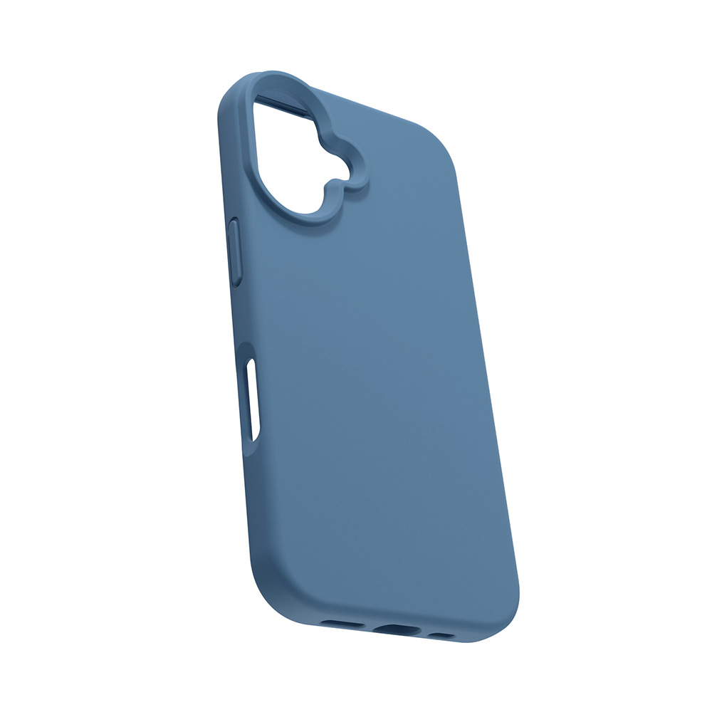 Una custodia blu in gomma per telefono con ritagli per fotocamera e porte.