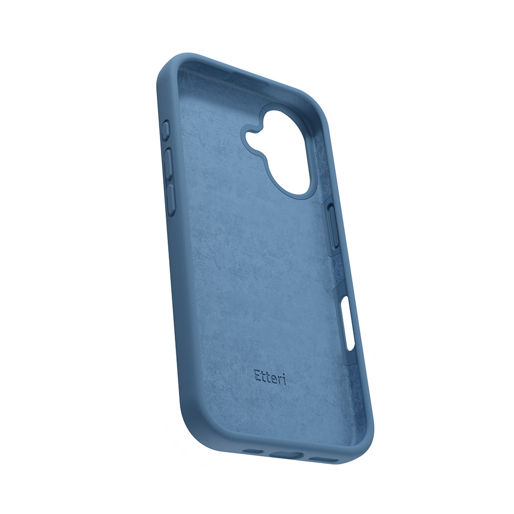 Custodia blu per telefono con ritagli per fotocamera e pulsanti.