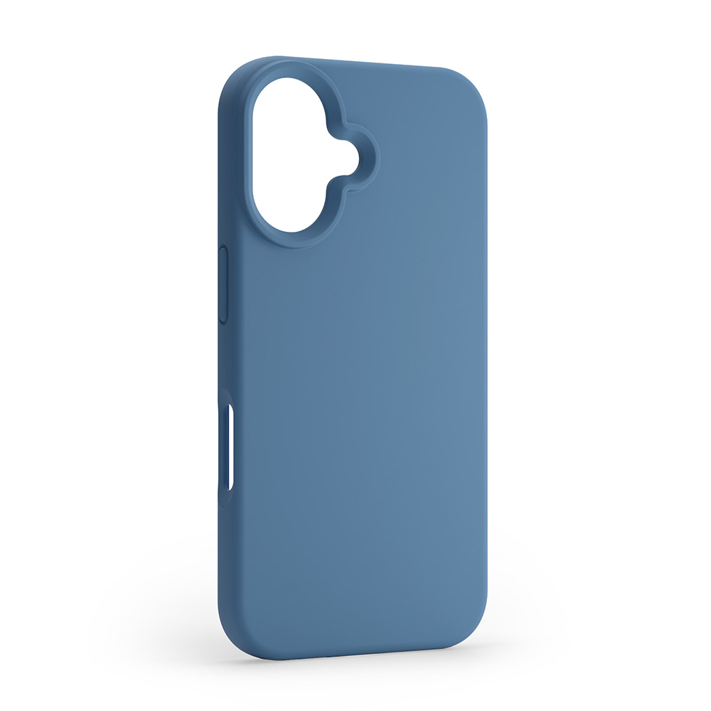 Custodia blu per telefono con ritaglio per fotocamera su sfondo bianco.