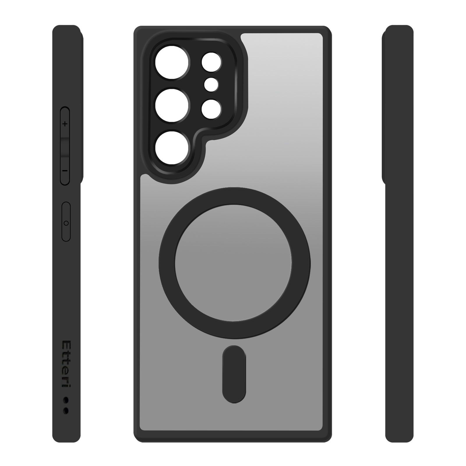 Custodia nera per telefono con anello MagSafe e ritagli fotocamera.