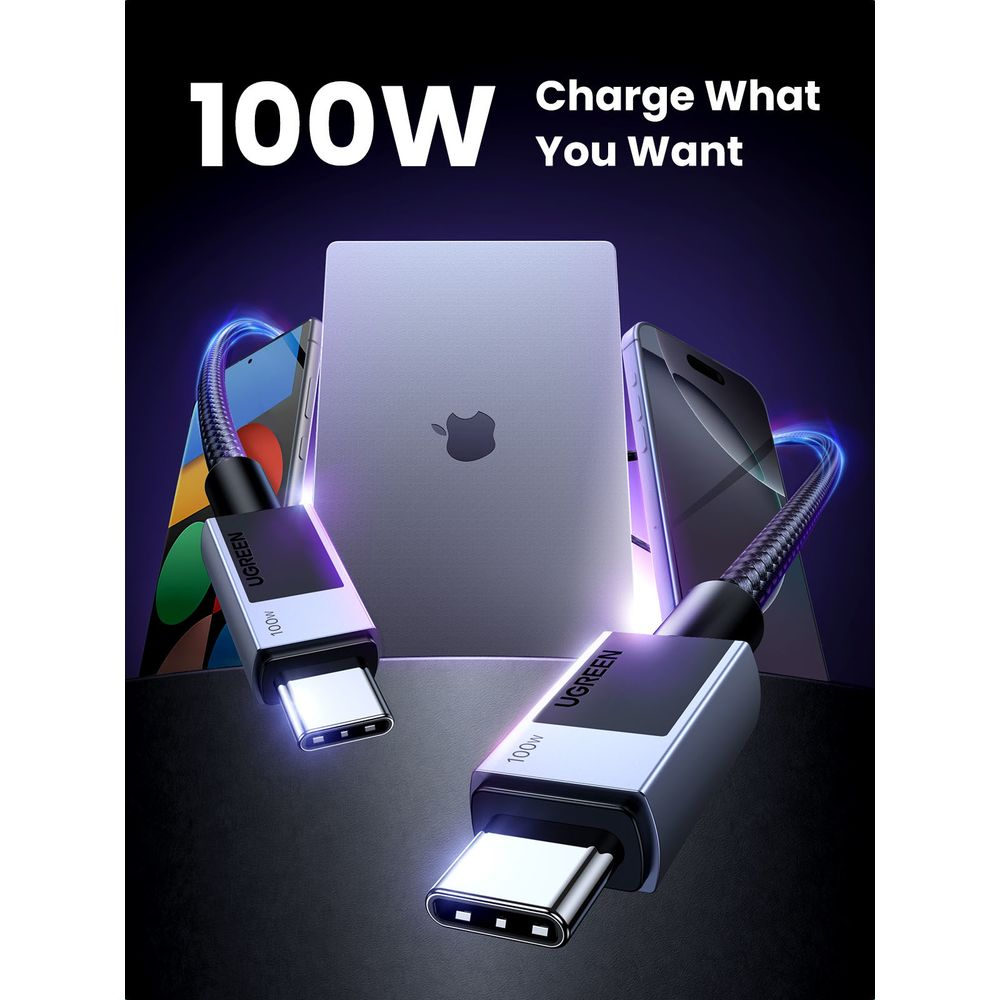 Dwa kable USB-C obok laptopa i dwóch smartfonów na ciemnym tle.