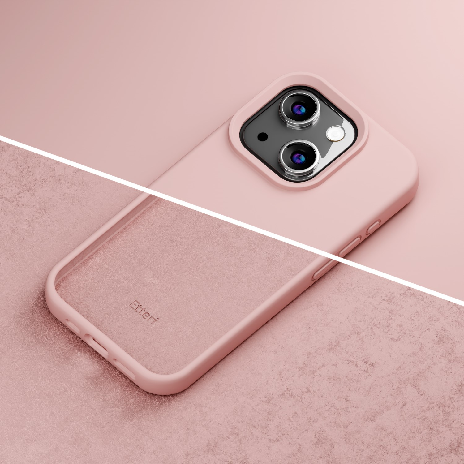 Una custodia rosa per telefono con fotocamere su sfondo diviso.