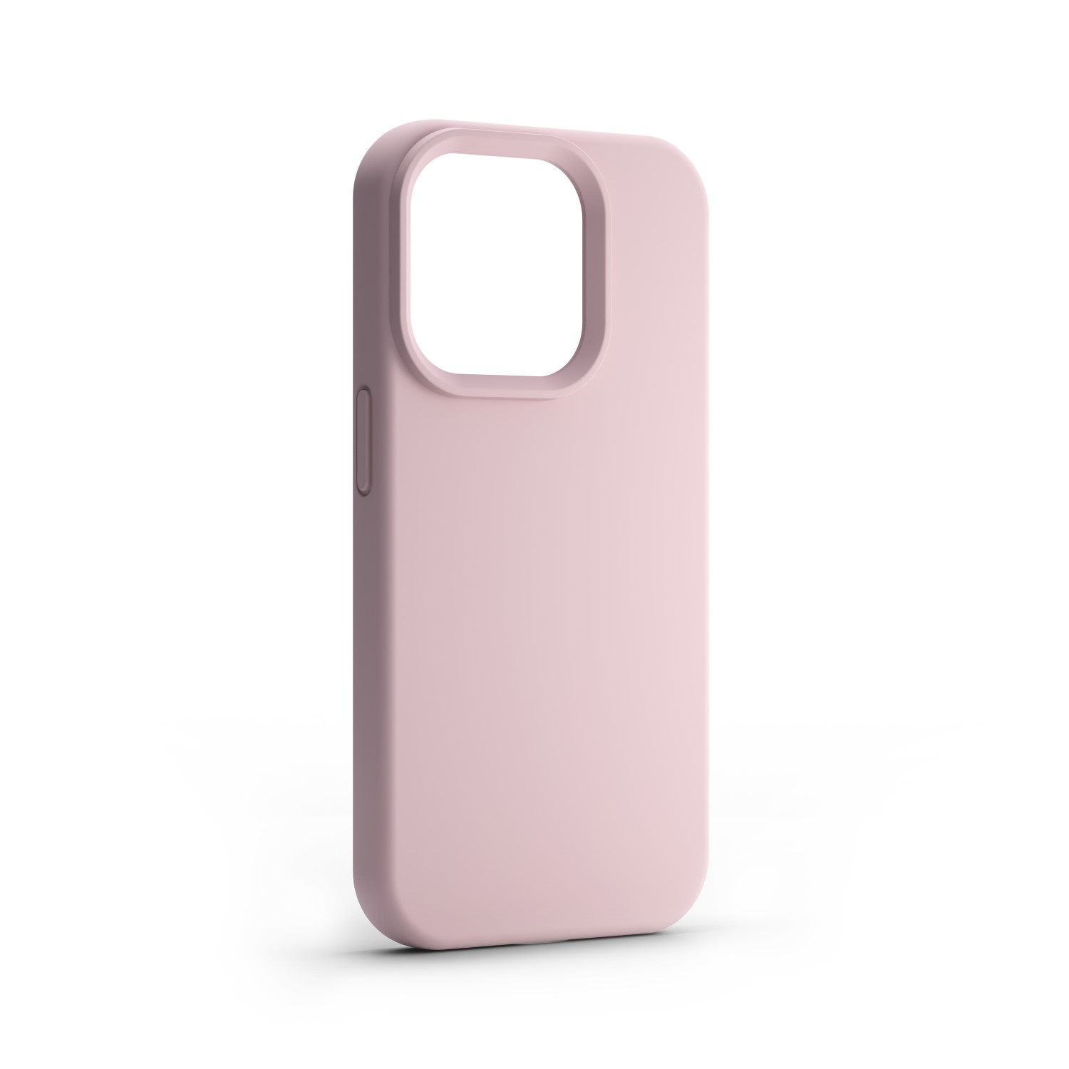 Una cover per telefono rosa chiaro con foro rettangolare per fotocamera.