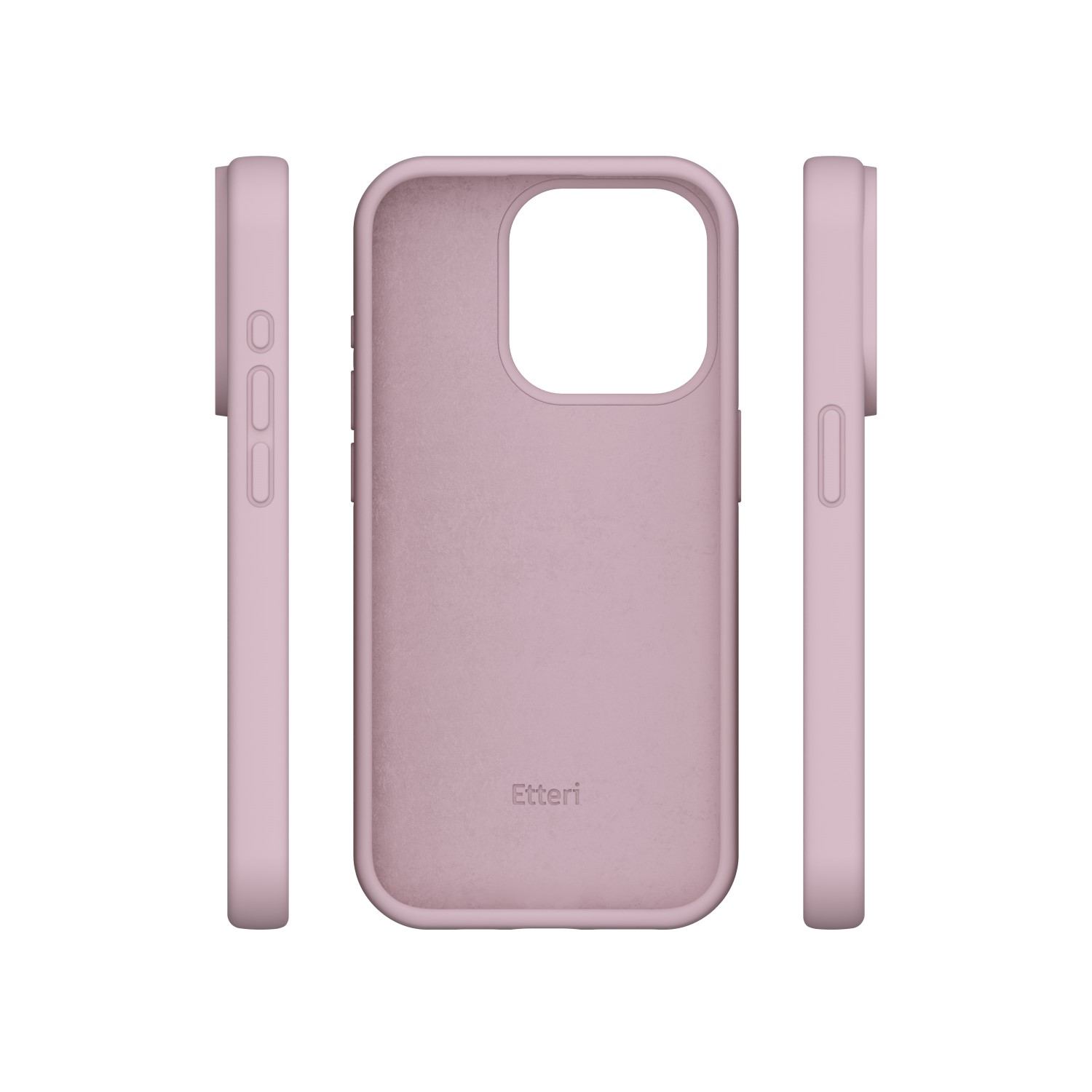 Tre custodie rosa per telefono su sfondo bianco, una frontale, due laterali.