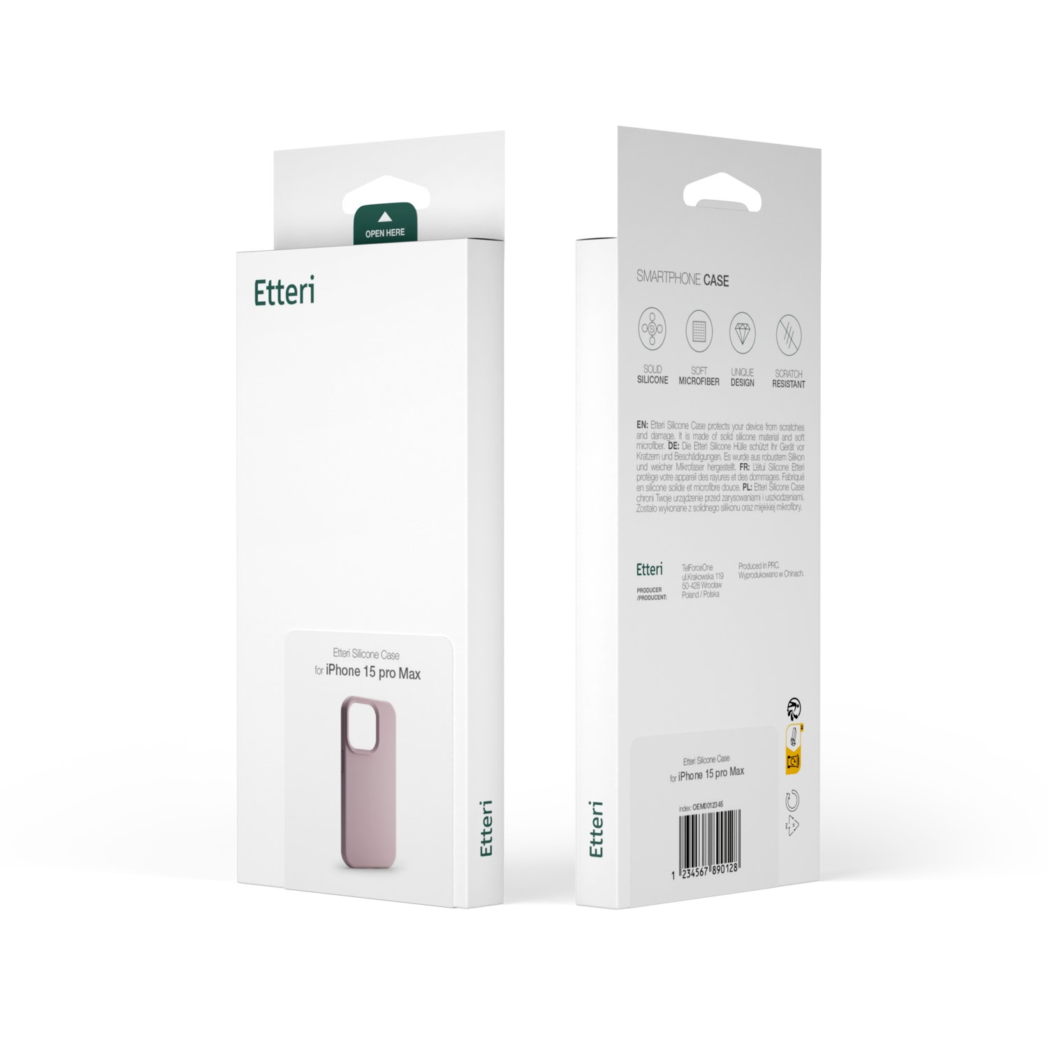Confezione per custodia Etteri iPhone 15 Pro Max con immagine prodotto.