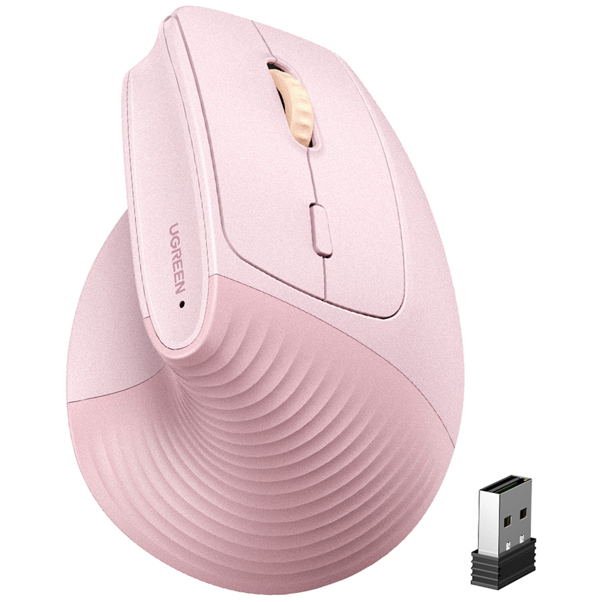Un mouse verticale rosa con un ricevitore USB su sfondo bianco.