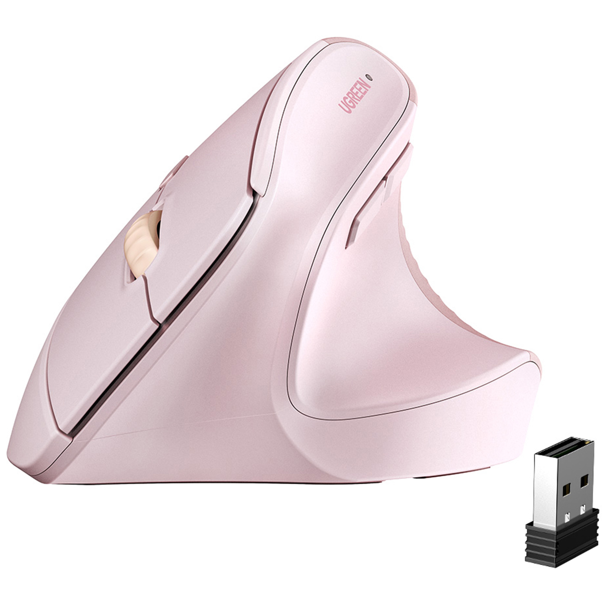 Un mouse USB verticale rosa con un dongle.