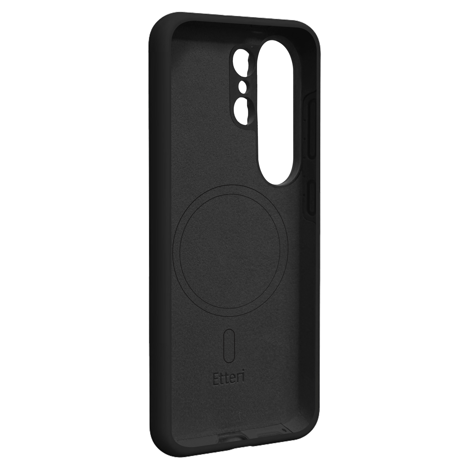 Czarne etui na telefon z wycięciami na aparat i przyciski.