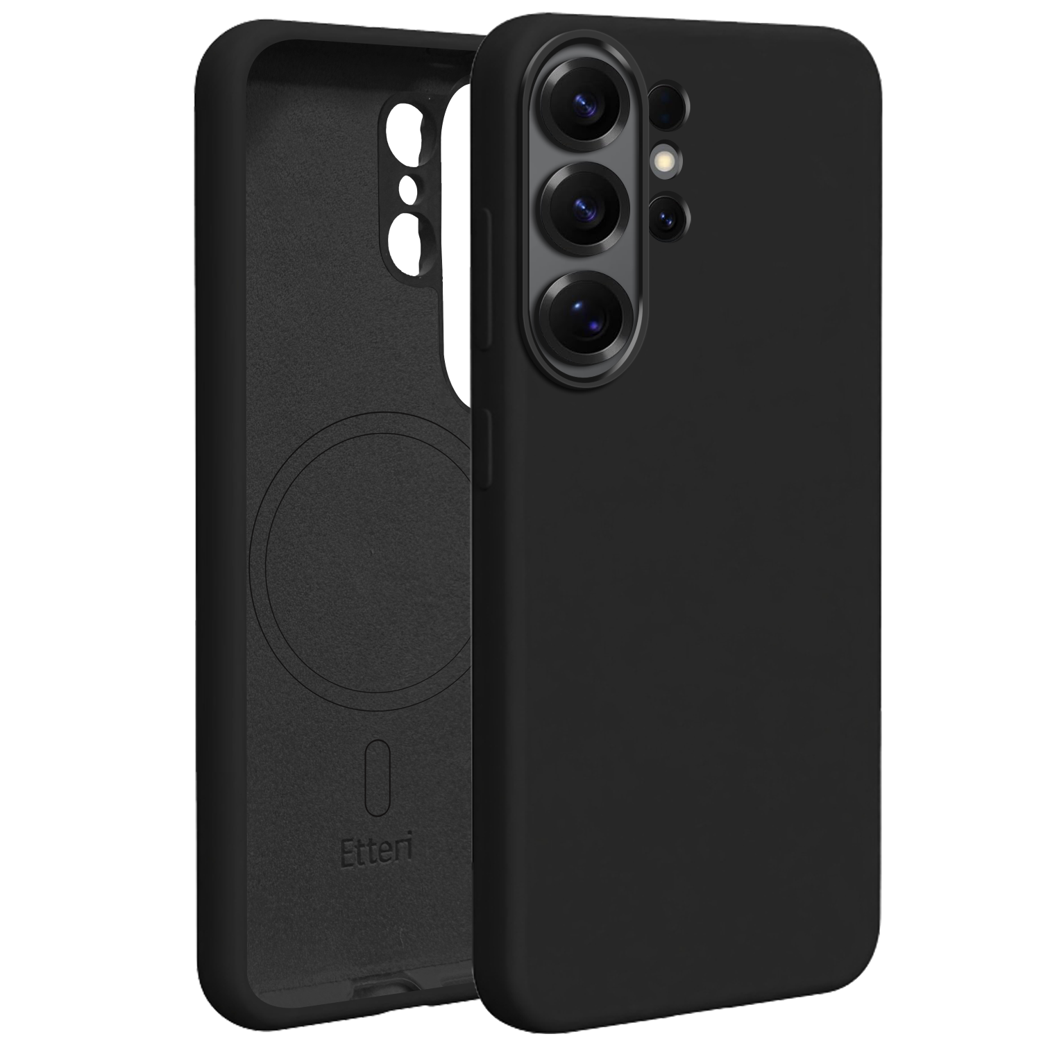 Czarne etui na telefon z wycięciem na aparat i pierścieniem magnetycznym.