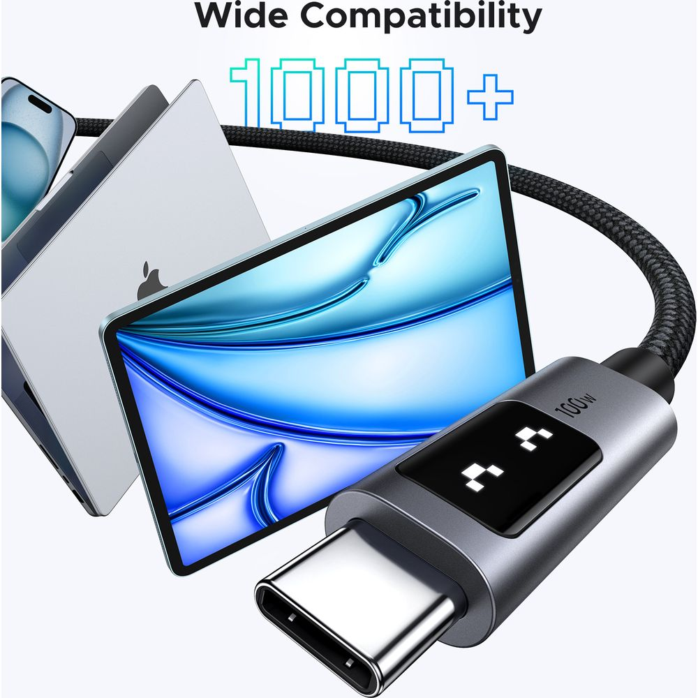 Kabel USB-C z wyświetlaczem 100W, podłączony do laptopa, tabletu i telefonu.